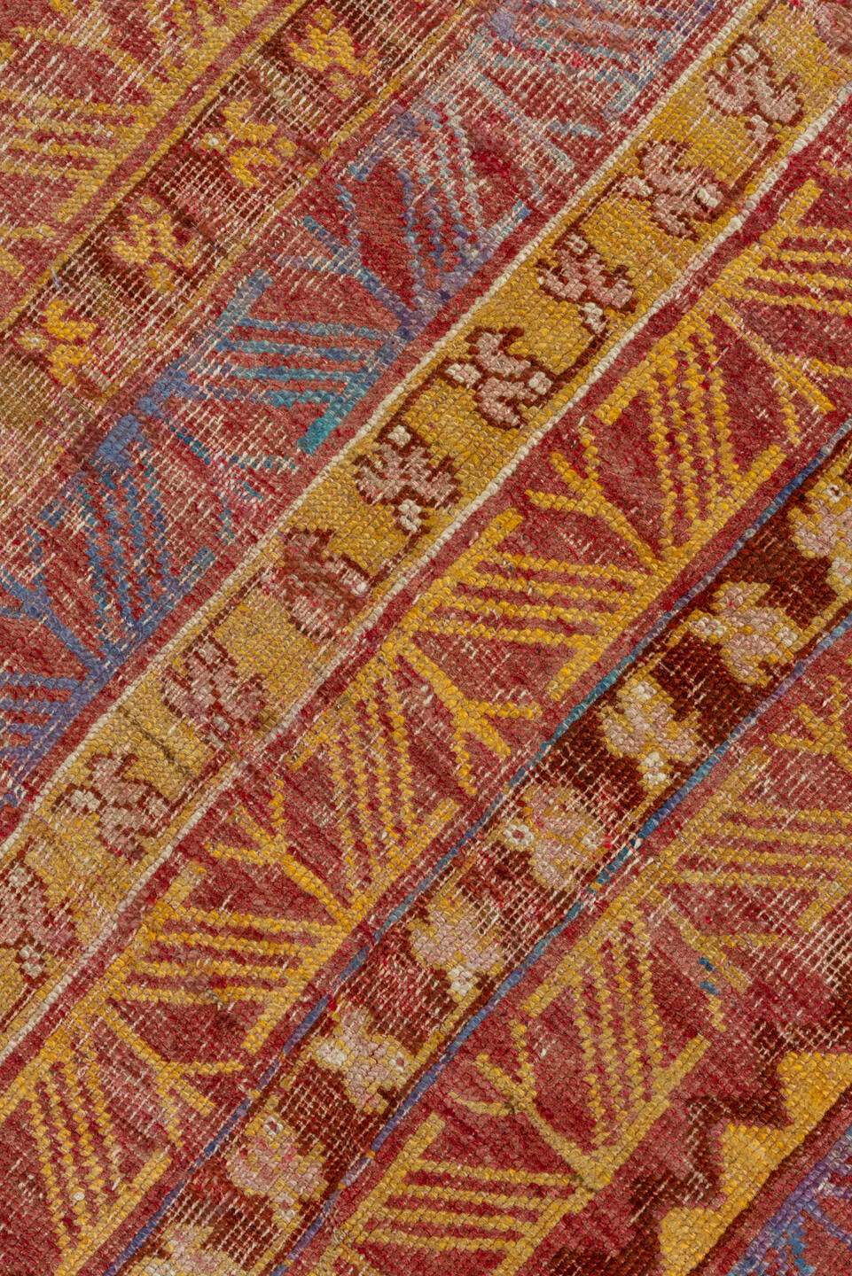 3' x 9' one-of-a-kind handmade vintage Oushak runner rug. Color palette: rust, ivory, blue, gold, terra cotta, camel