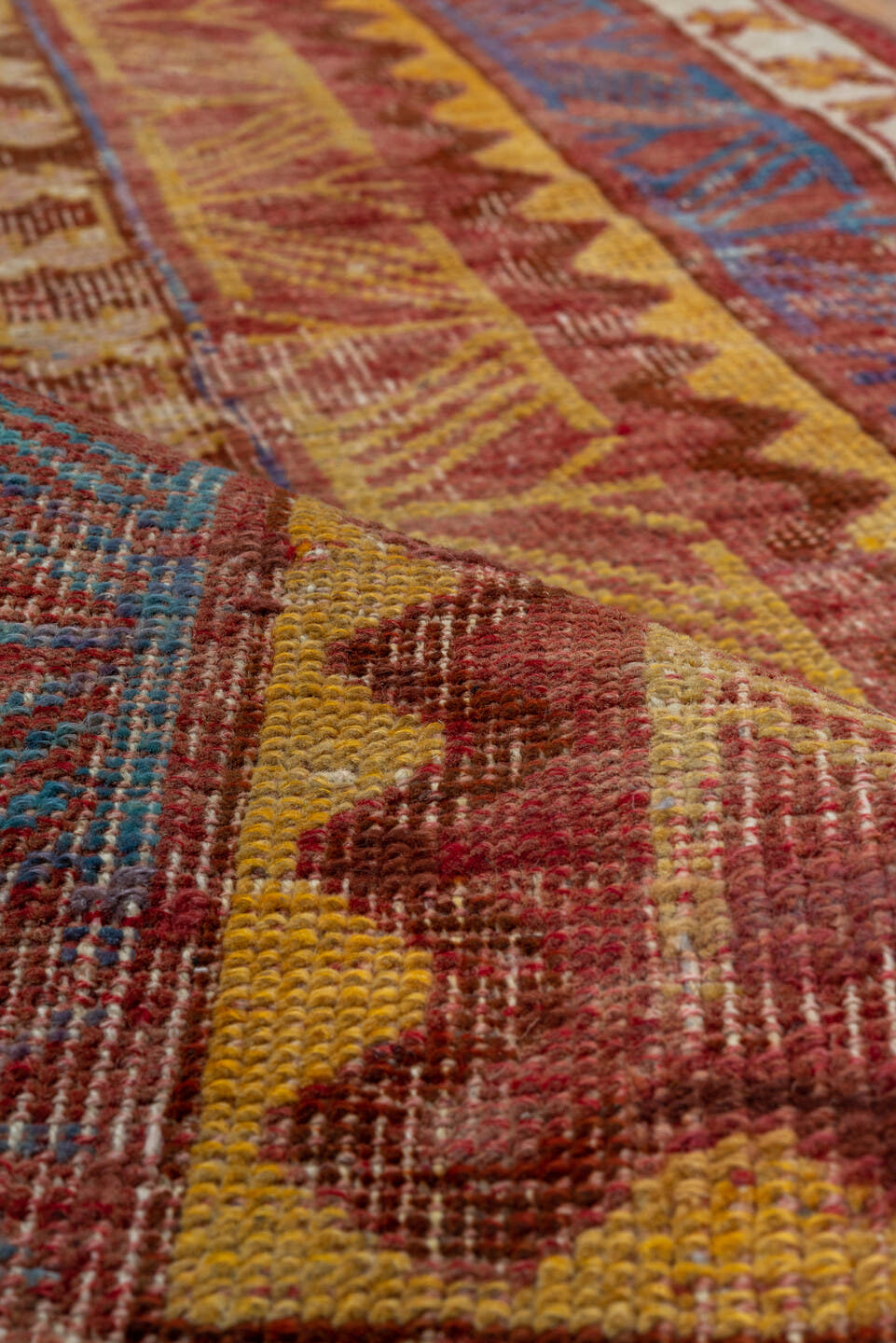 3' x 9' one-of-a-kind handmade vintage Oushak runner rug. Color palette: rust, ivory, blue, gold, terra cotta, camel