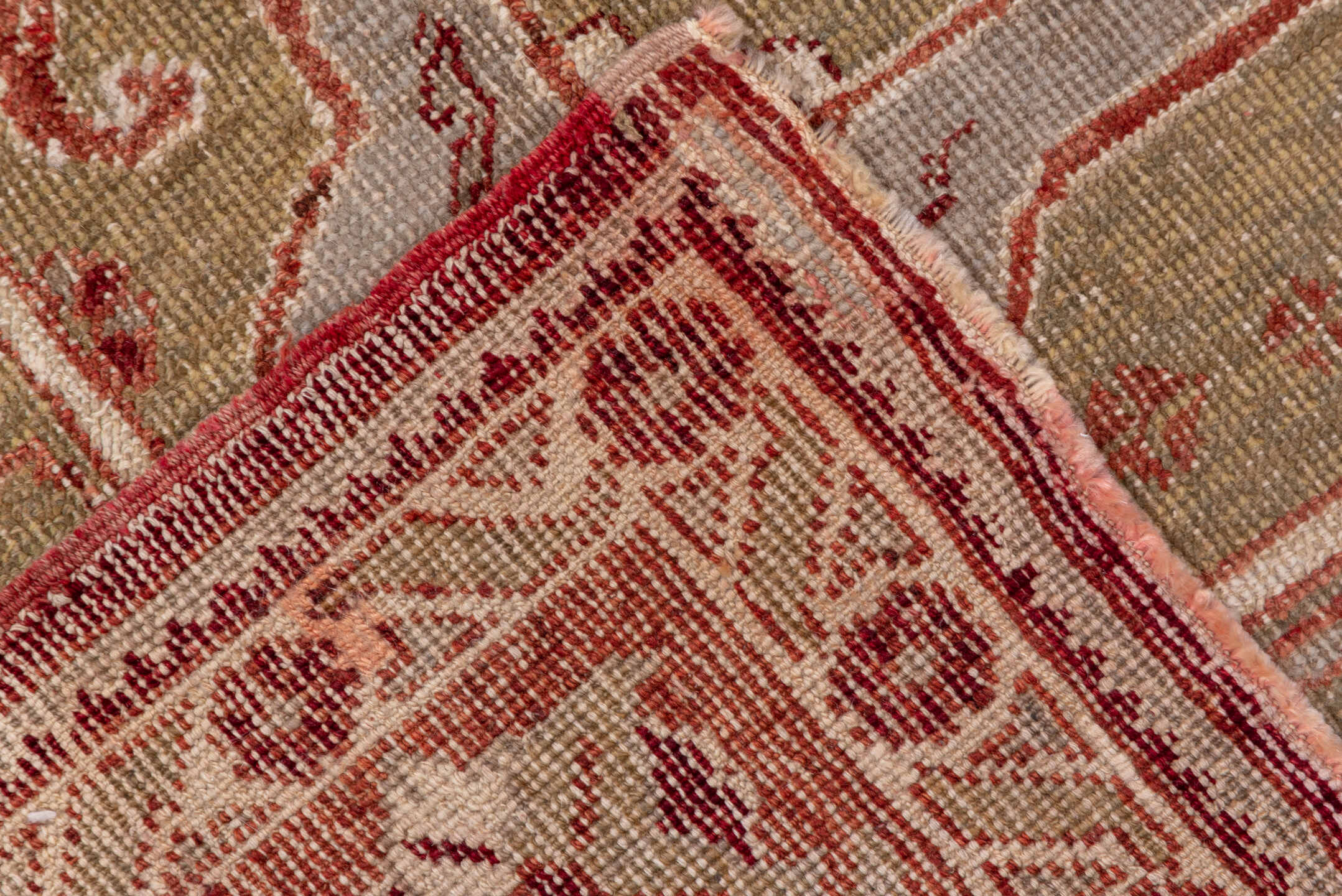 6' x 11' one-of-a-kind handmade vintage Oushak large size rug. Color palette: brown, gray, light gray, off-white, pink, red