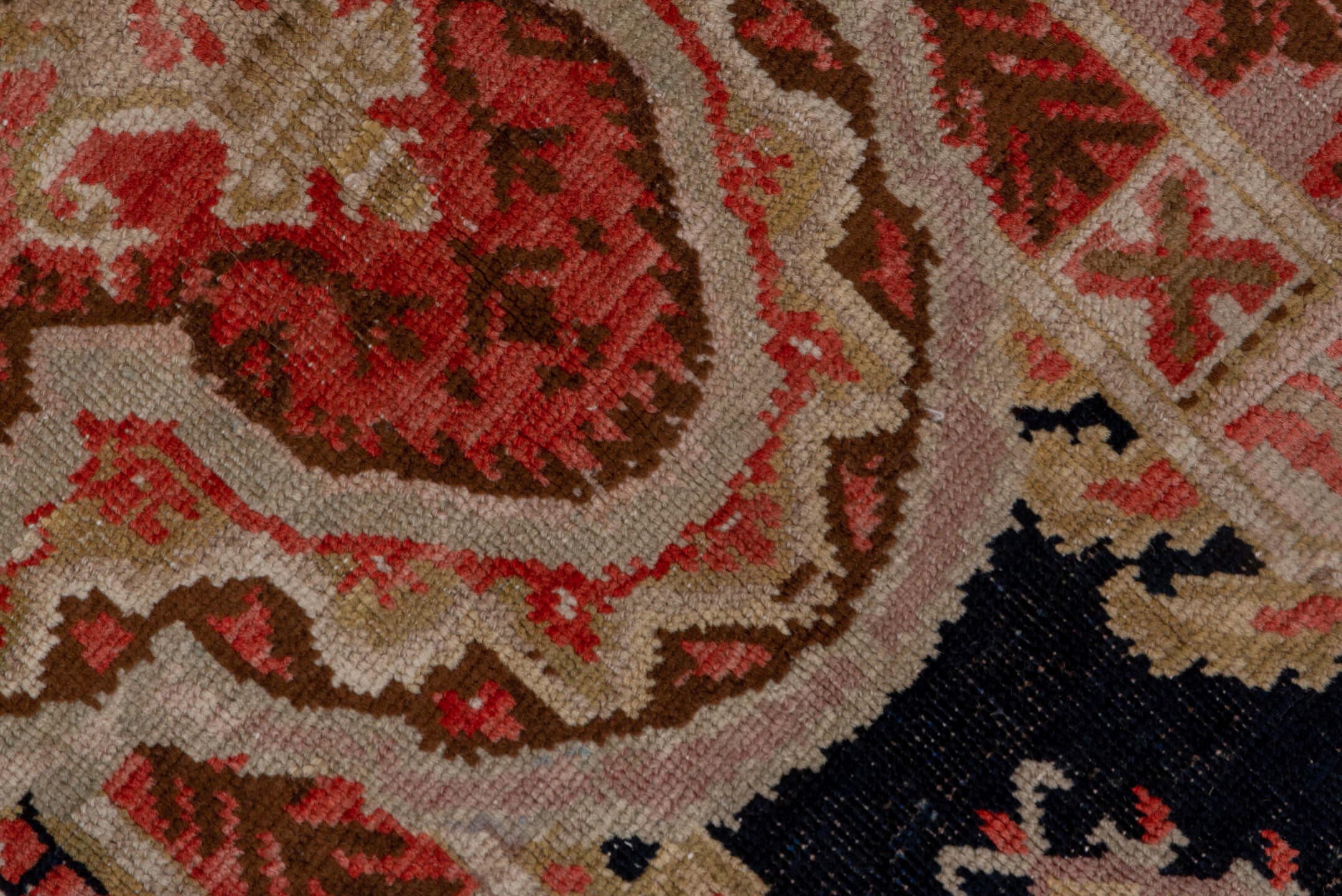 5' x 12' one-of-a-kind handmade antique Karabagh rug. Color palette: ivory, navy, rose, rust, charcoal, taupe, coral, blue