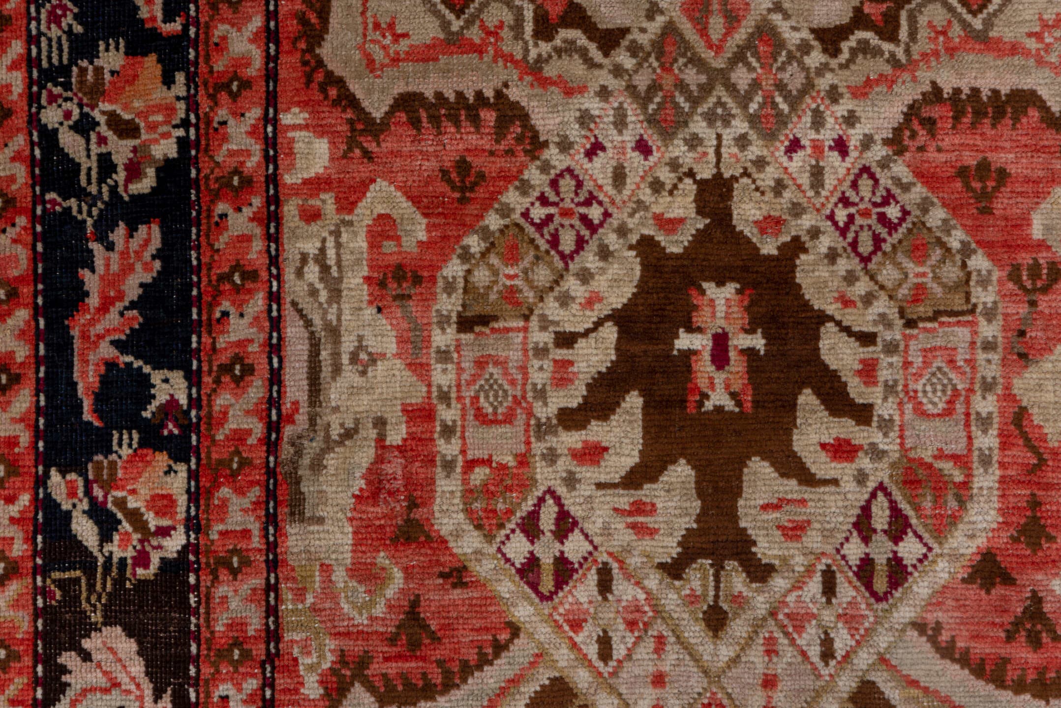 5' x 12' one-of-a-kind handmade antique Karabagh rug. Color palette: ivory, navy, rose, rust, charcoal, taupe, coral, blue