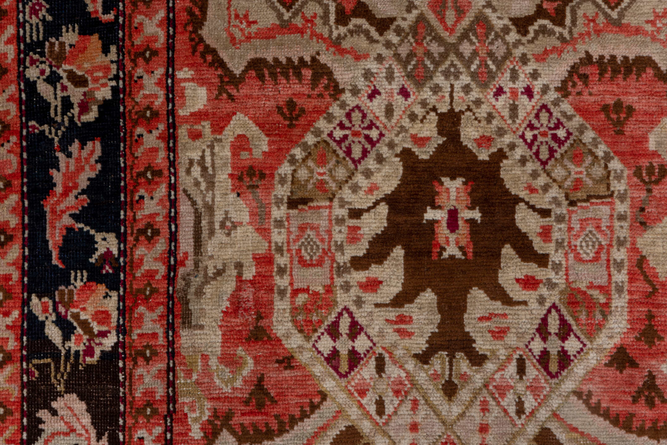 5' x 12' one-of-a-kind handmade antique Karabagh rug. Color palette: ivory, navy, rose, rust, charcoal, taupe, coral, blue
