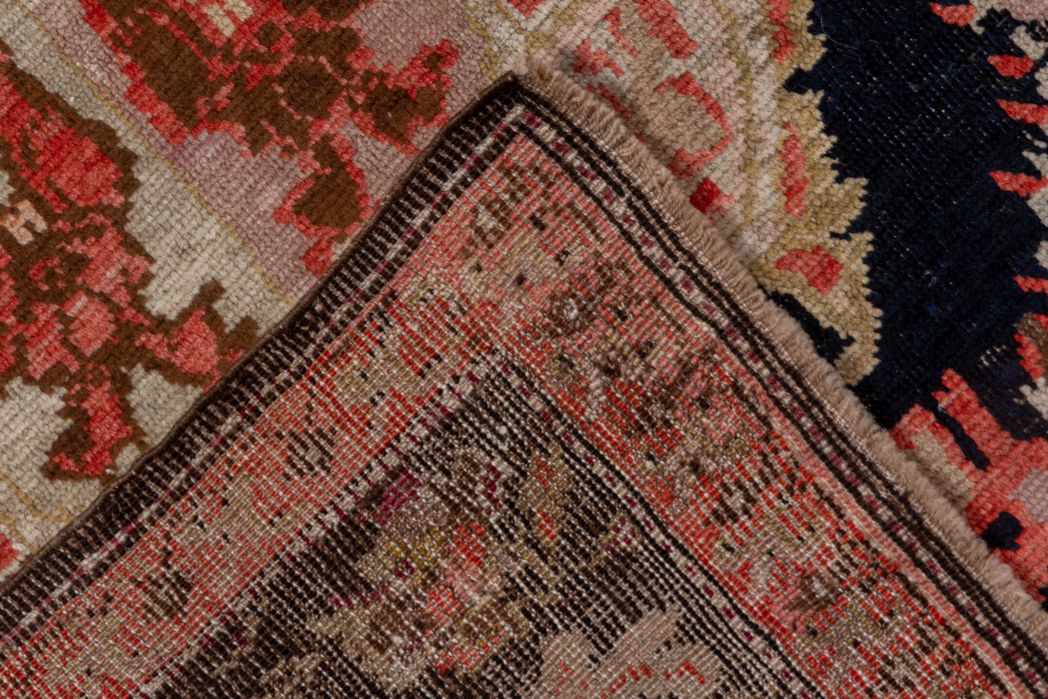 5' x 12' one-of-a-kind handmade antique Karabagh rug. Color palette: ivory, navy, rose, rust, charcoal, taupe, coral, blue