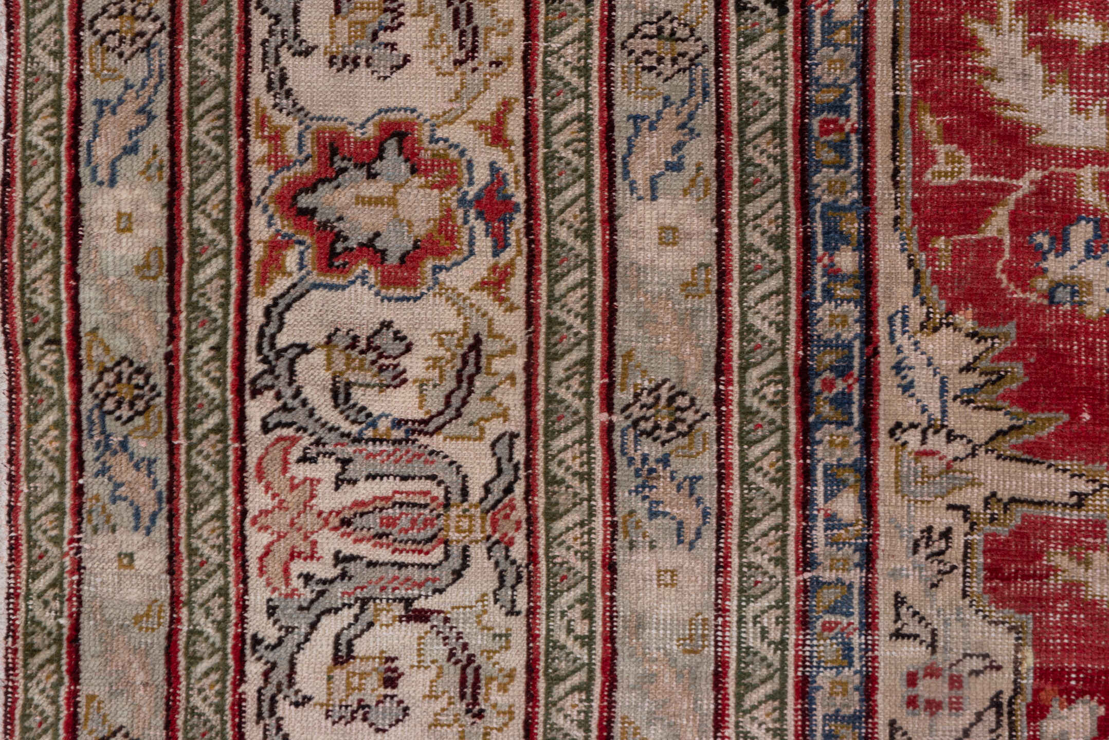6' x 8' one-of-a-kind handmade vintage Oushak medium size rug. Color palette: red, ivory, beige, blue, taupe, burgundy, gray
