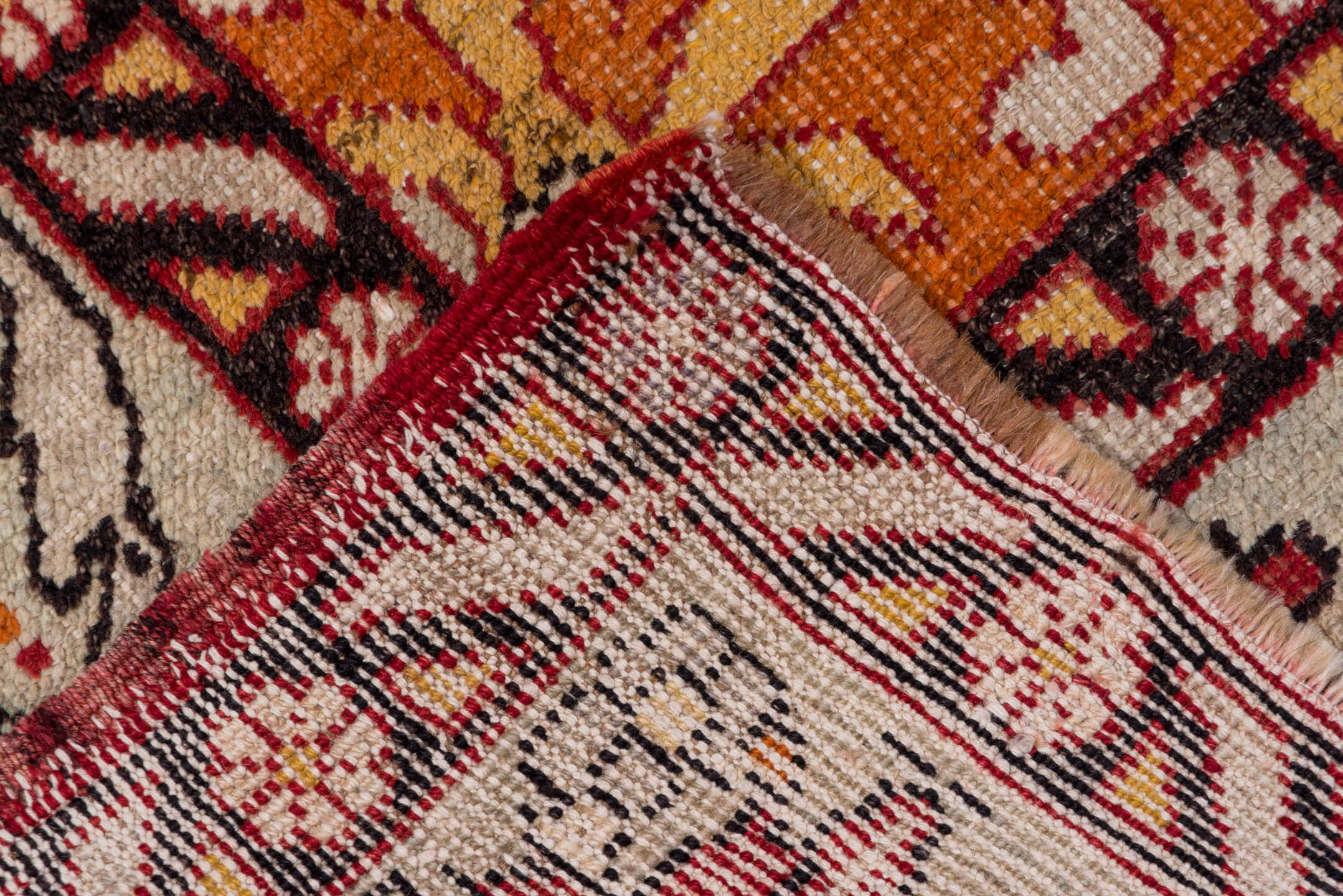6' x 9' one-of-a-kind handmade vintage Oushak medium size rug. Color palette: brown, gray, off-white, pink, red, snow, white