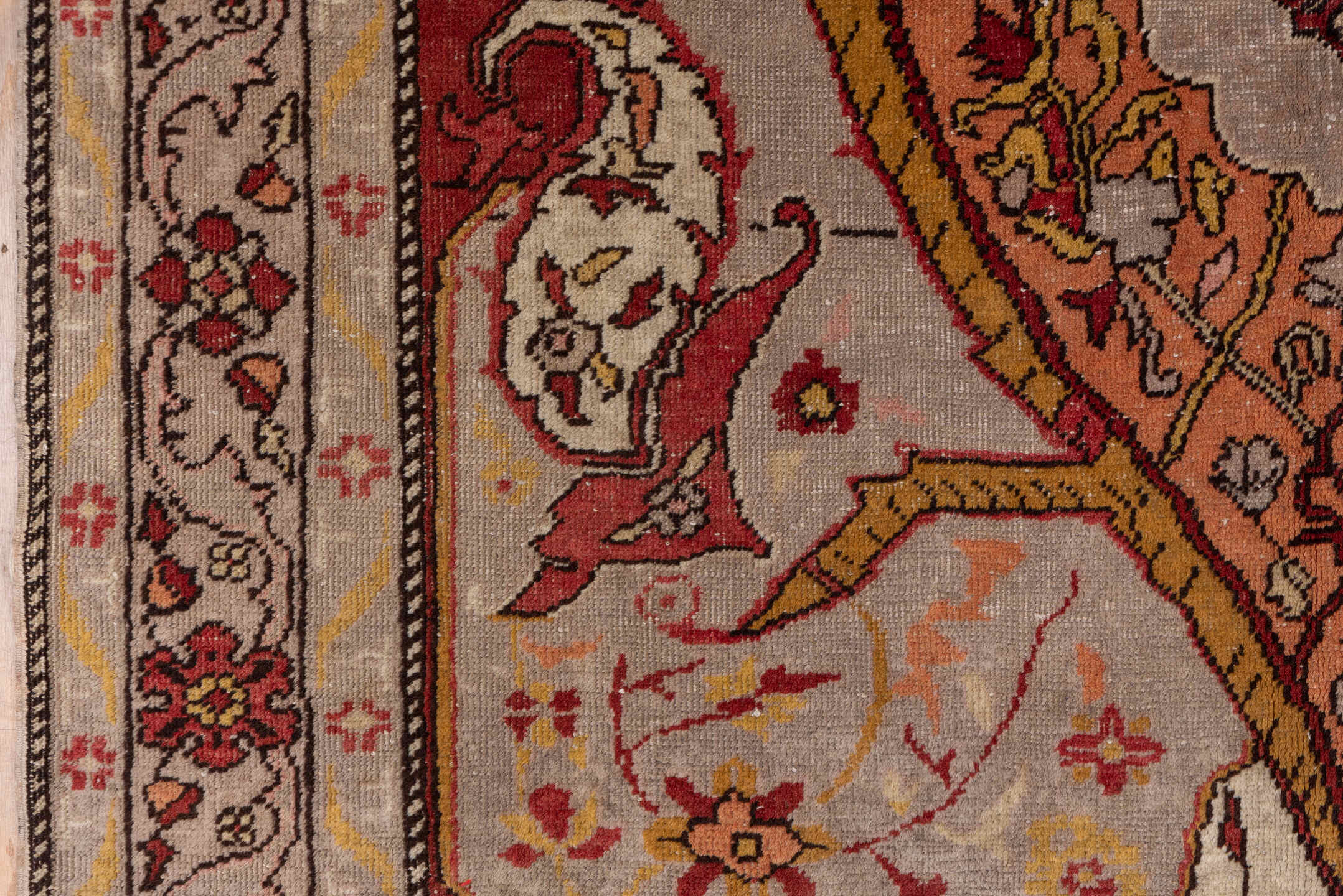 4' x 7' one-of-a-kind handmade vintage Oushak rug. Color palette: brown, pink, gray, red, redwood, saddle brown