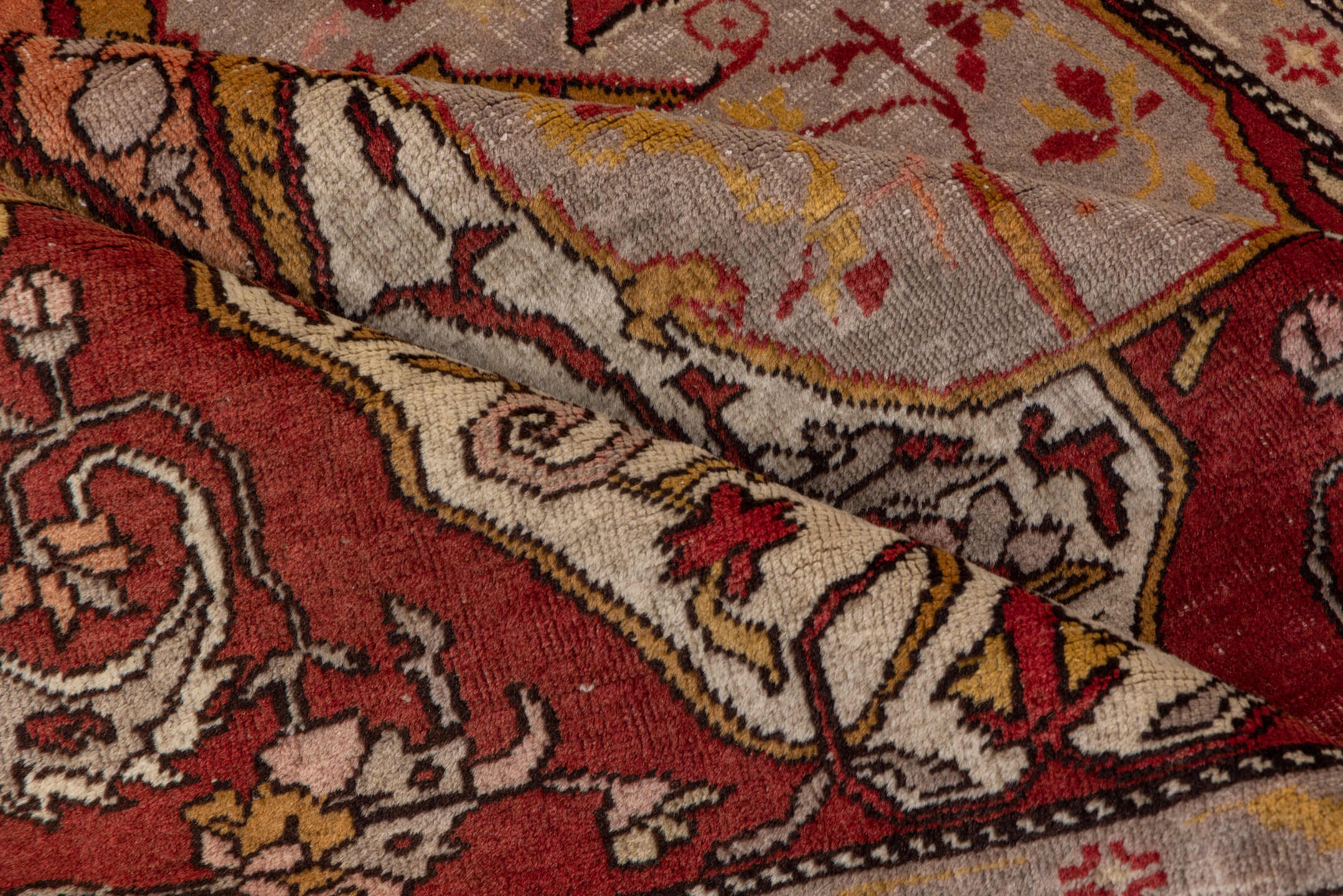 4' x 7' one-of-a-kind handmade vintage Oushak rug. Color palette: brown, pink, gray, red, redwood, saddle brown