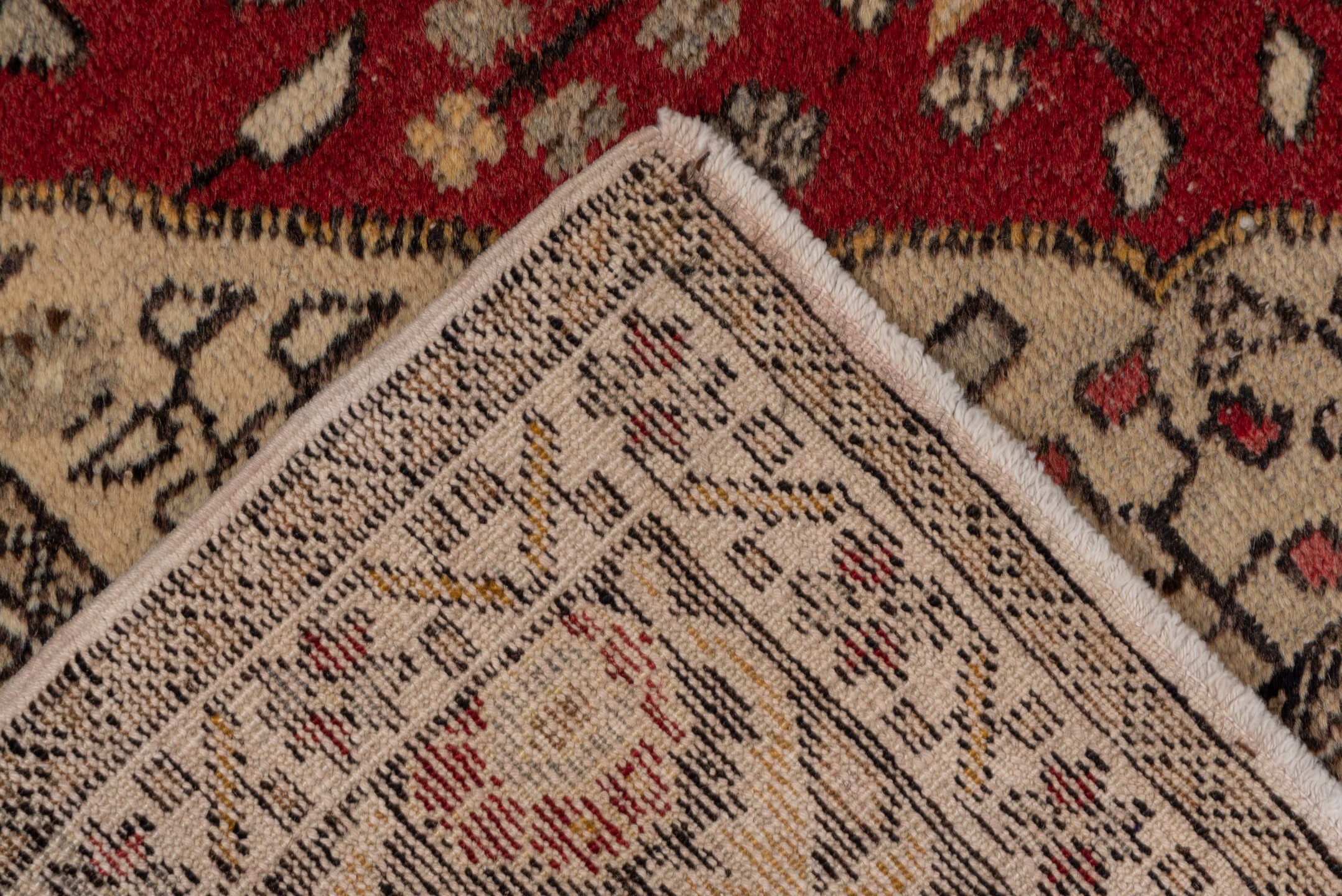 4' x 6' one-of-a-kind handmade vintage Oushak small size rug. Color palette: ivory, red, charcoal, gray, gold, rose, camel