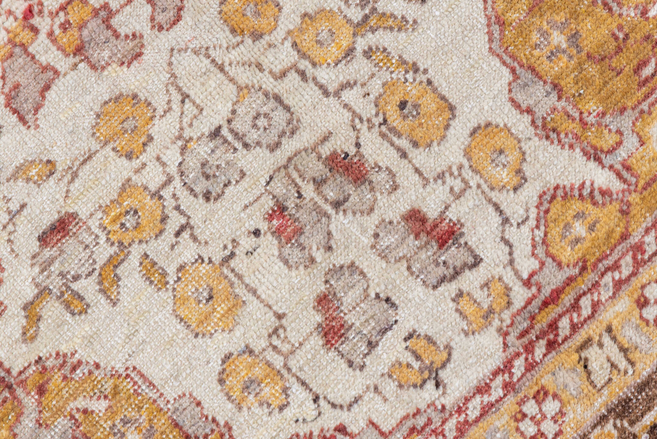4' x 7' one-of-a-kind handmade vintage Oushak rug. Color palette: brown, burlywood, off-white, orange, pink, yellow