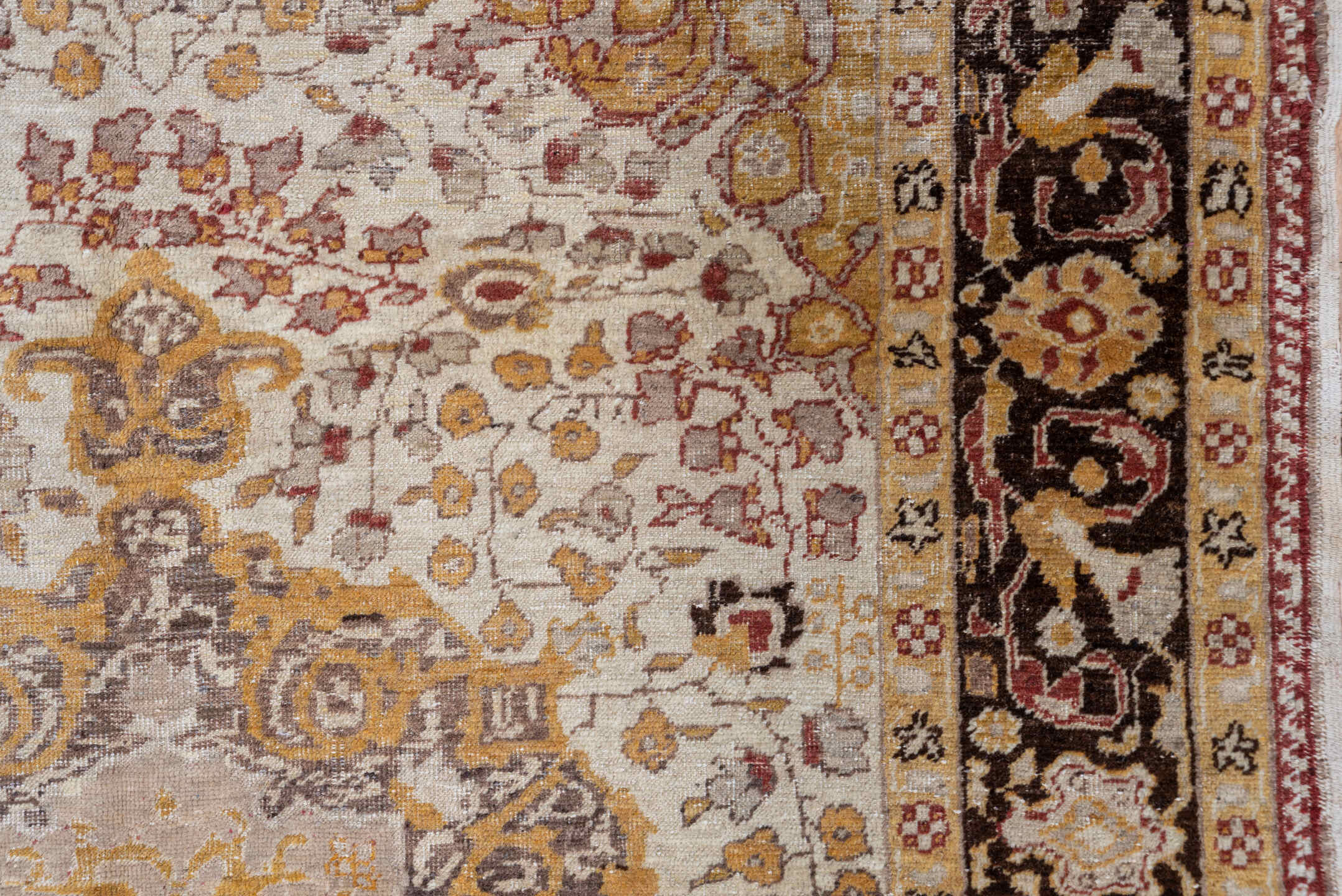 4' x 7' one-of-a-kind handmade vintage Oushak rug. Color palette: brown, burlywood, off-white, orange, pink, yellow