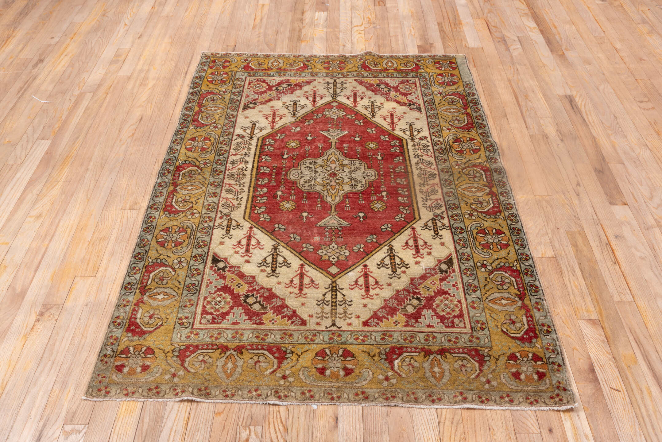 3' x 6' one-of-a-kind handmade vintage Oushak small size rug. Color palette: gold, ivory, terra cotta, rust, sage, brown