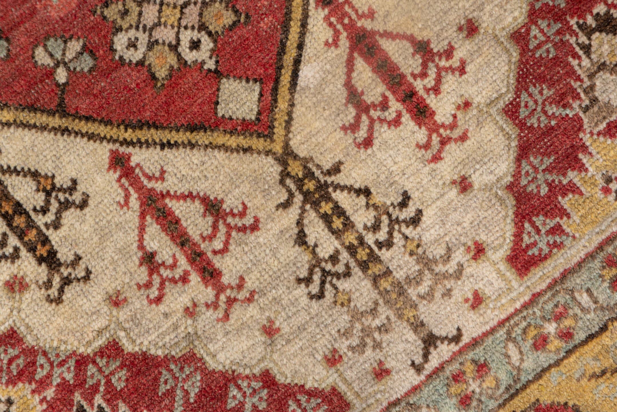 3' x 6' one-of-a-kind handmade vintage Oushak small size rug. Color palette: gold, ivory, terra cotta, rust, sage, brown
