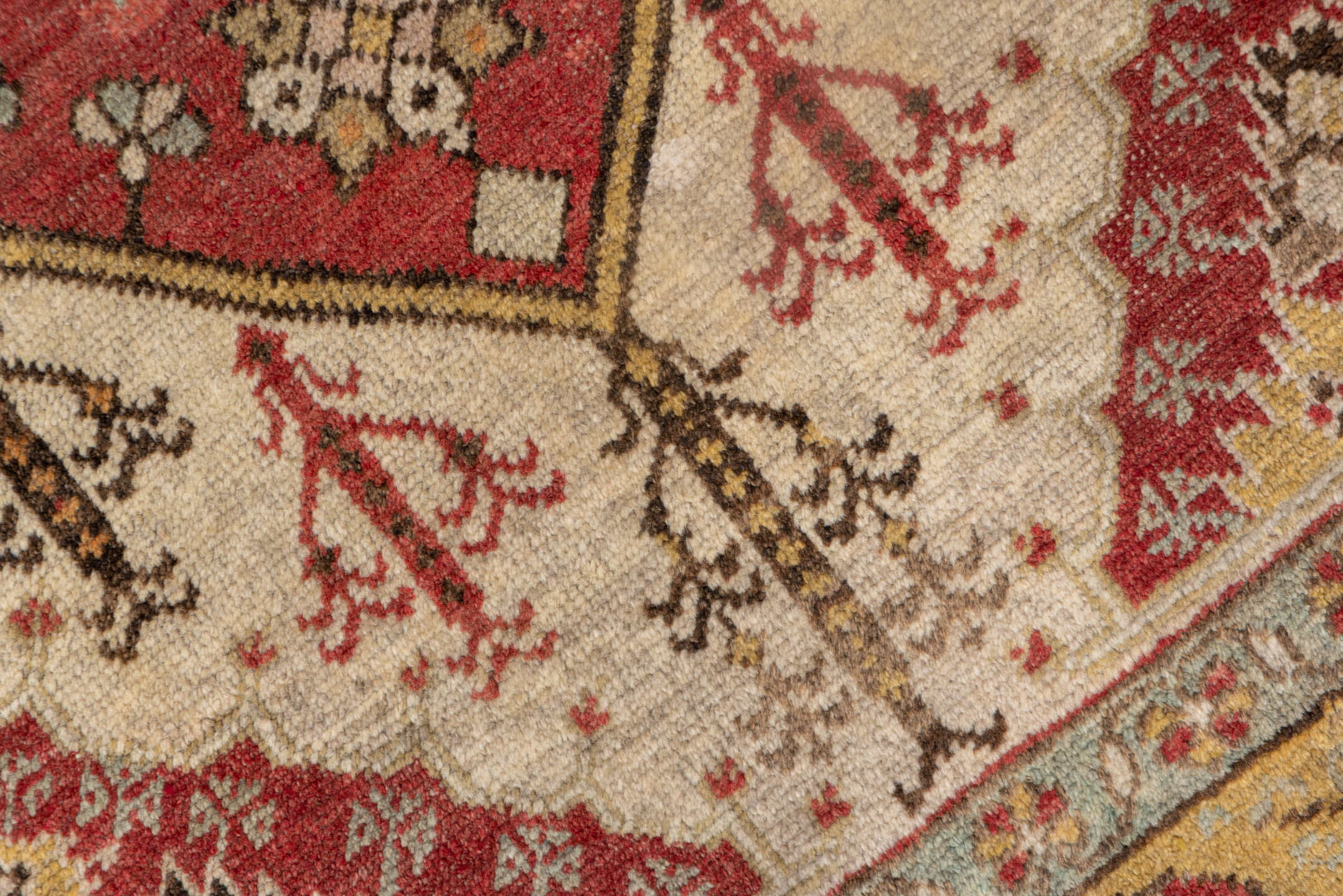 3' x 6' one-of-a-kind handmade vintage Oushak small size rug. Color palette: gold, ivory, terra cotta, rust, sage, brown