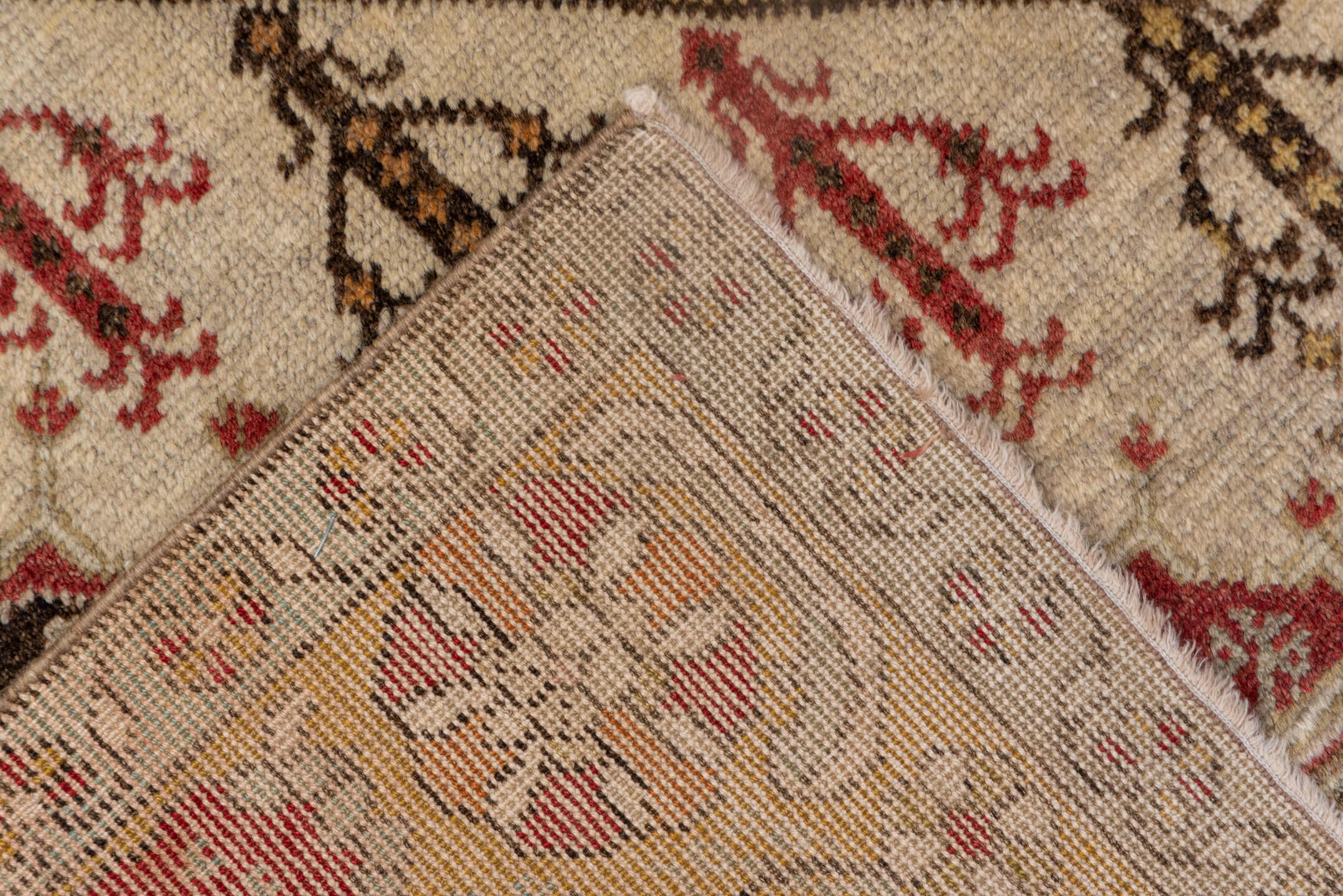 3' x 6' one-of-a-kind handmade vintage Oushak small size rug. Color palette: gold, ivory, terra cotta, rust, sage, brown