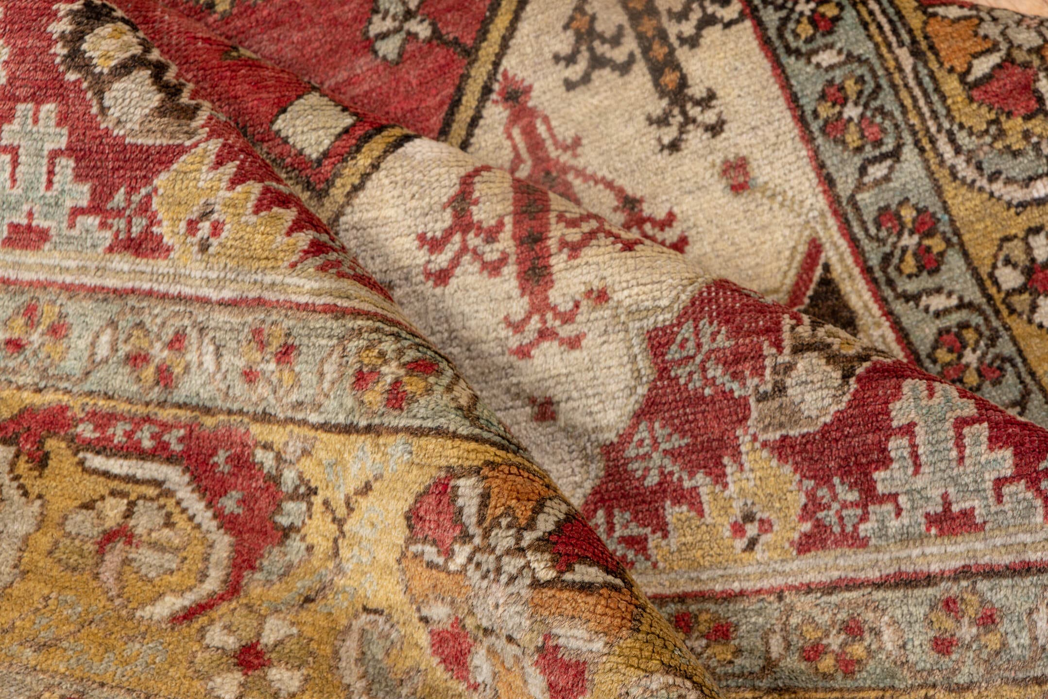 3' x 6' one-of-a-kind handmade vintage Oushak small size rug. Color palette: gold, ivory, terra cotta, rust, sage, brown