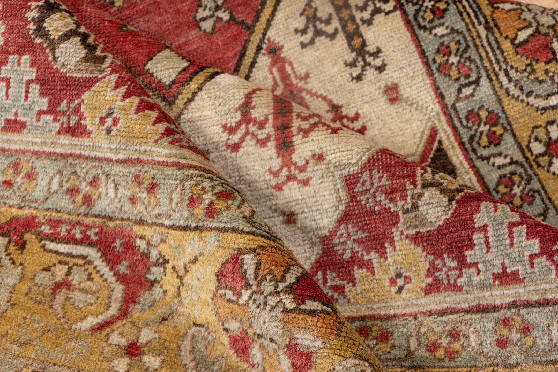 3' x 6' one-of-a-kind handmade vintage Oushak small size rug. Color palette: gold, ivory, terra cotta, rust, sage, brown