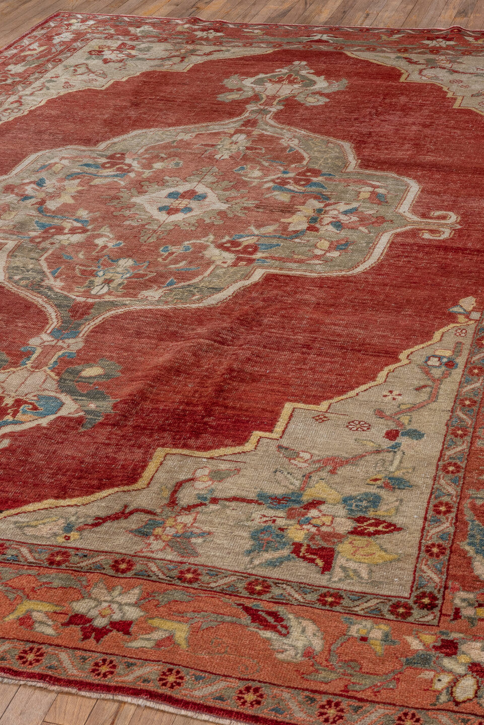 7' x 11' one-of-a-kind handmade vintage Oushak large size rug. Color palette: rust, ivory, terra cotta, muted blue, sage