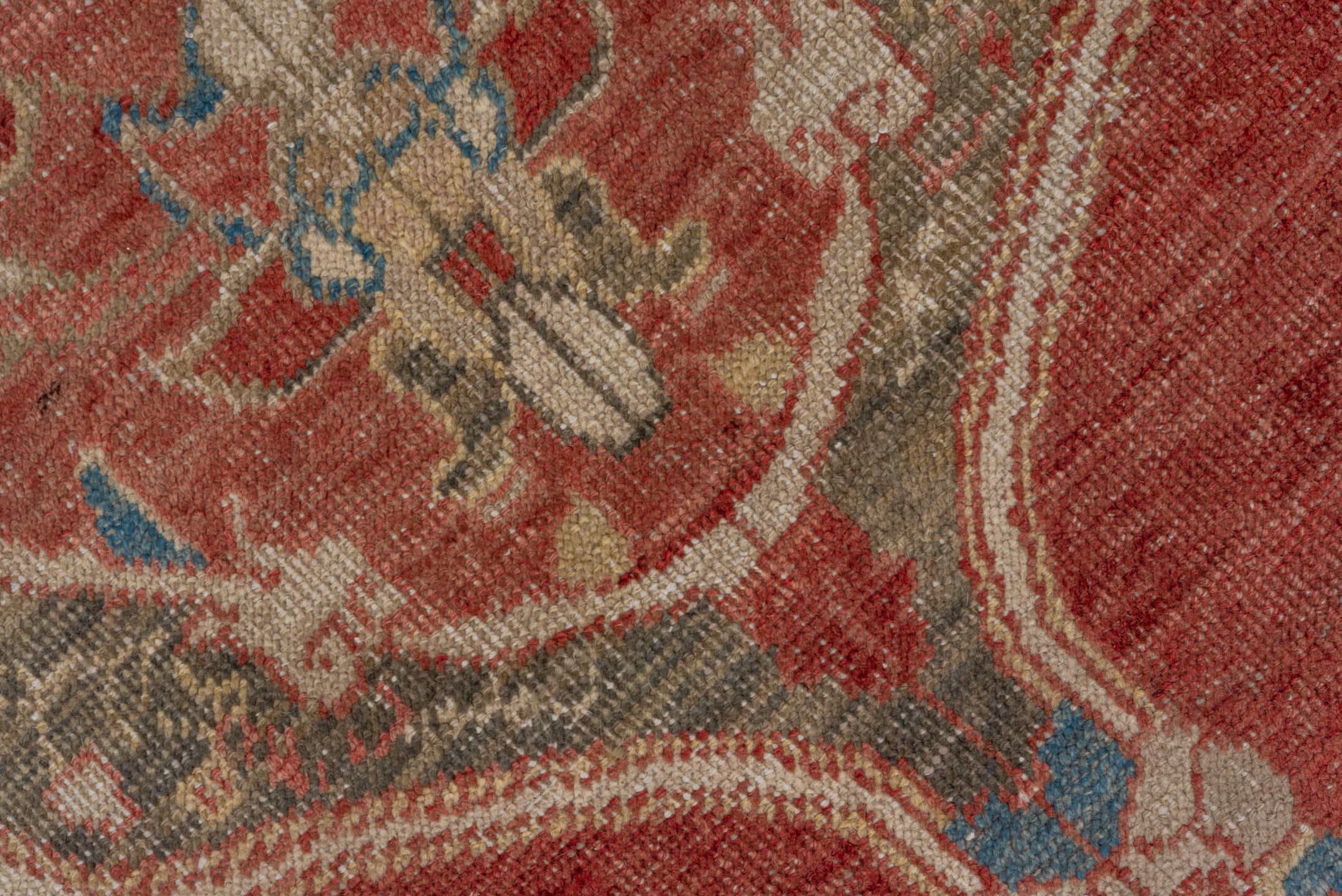 7' x 11' one-of-a-kind handmade vintage Oushak large size rug. Color palette: rust, ivory, terra cotta, muted blue, sage