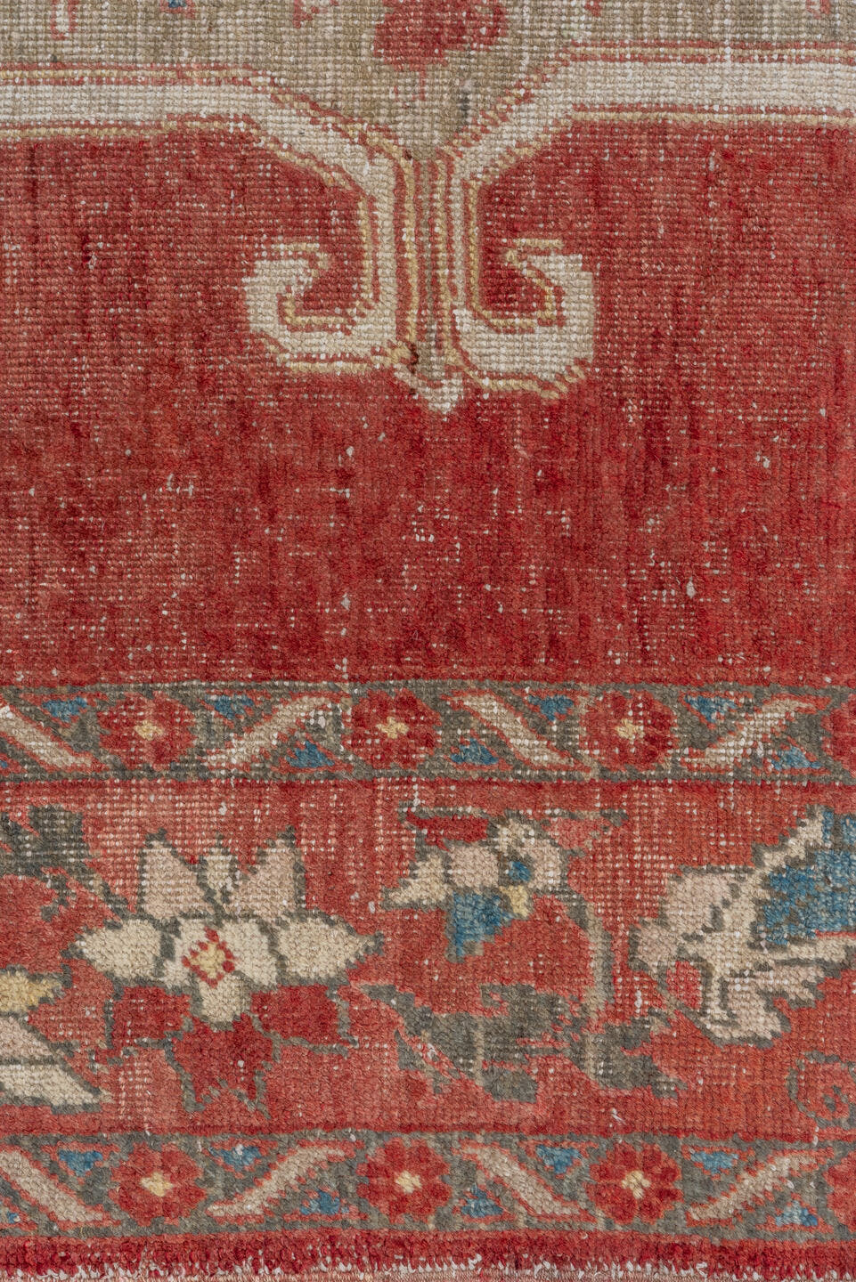 7' x 11' one-of-a-kind handmade vintage Oushak large size rug. Color palette: rust, ivory, terra cotta, muted blue, sage