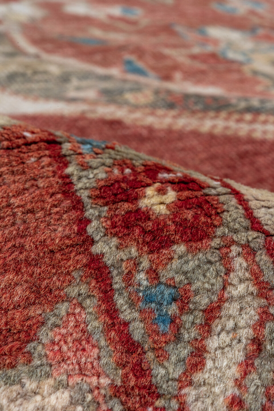7' x 11' one-of-a-kind handmade vintage Oushak large size rug. Color palette: rust, ivory, terra cotta, muted blue, sage