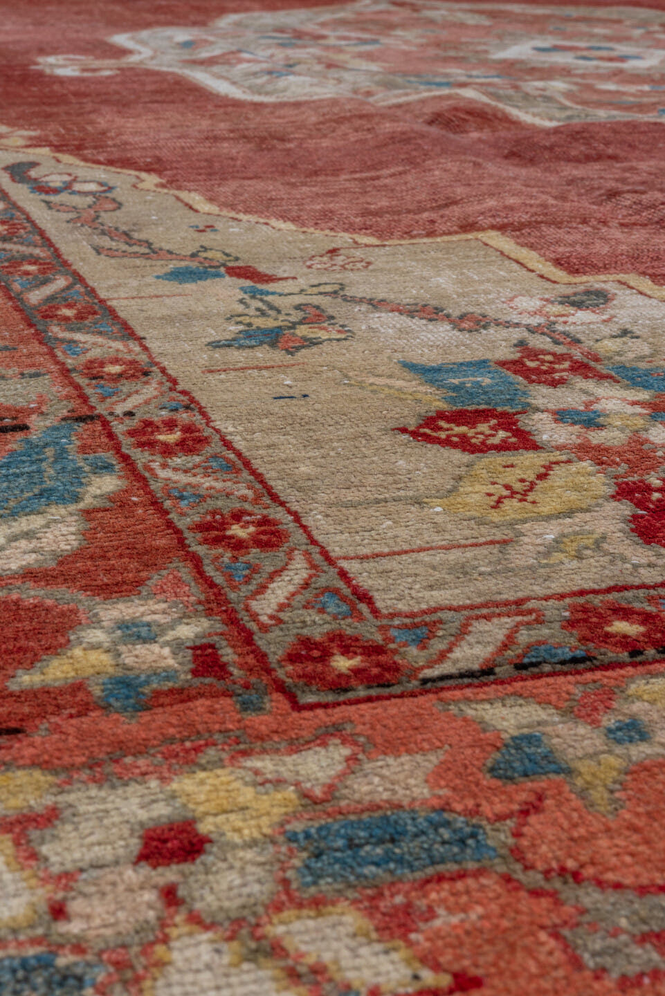 7' x 11' one-of-a-kind handmade vintage Oushak large size rug. Color palette: rust, ivory, terra cotta, muted blue, sage
