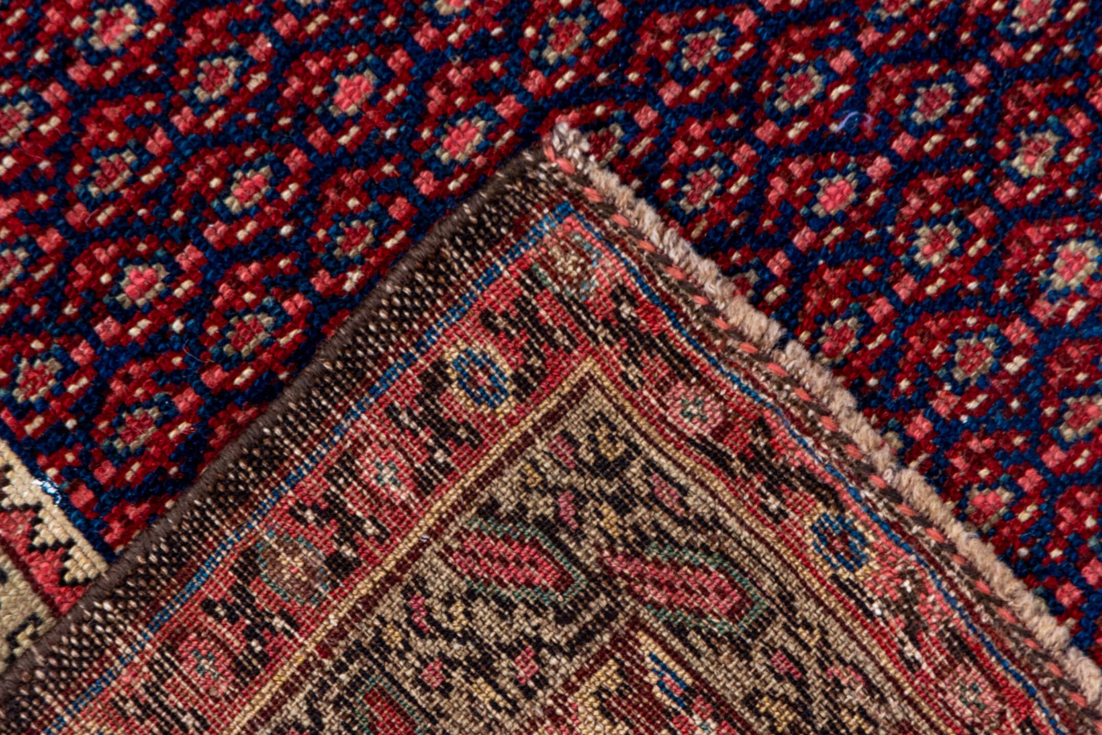 4' x 8' one-of-a-kind handmade vintage Malayer rug. Color palette: burgundy, ivory, navy, rust, rose, camel, slate, blue