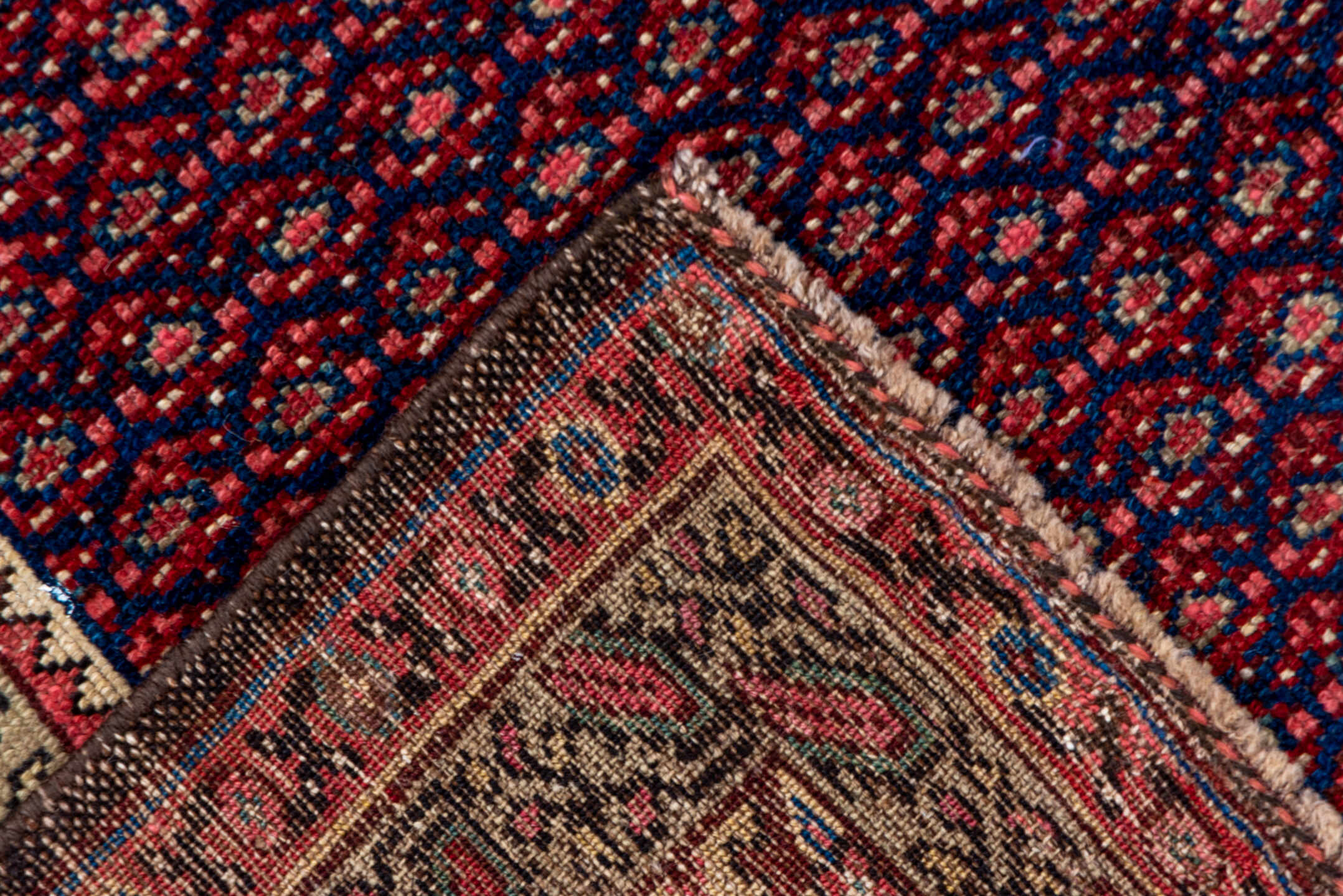 4' x 8' one-of-a-kind handmade vintage Malayer rug. Color palette: burgundy, ivory, navy, rust, rose, camel, slate, blue