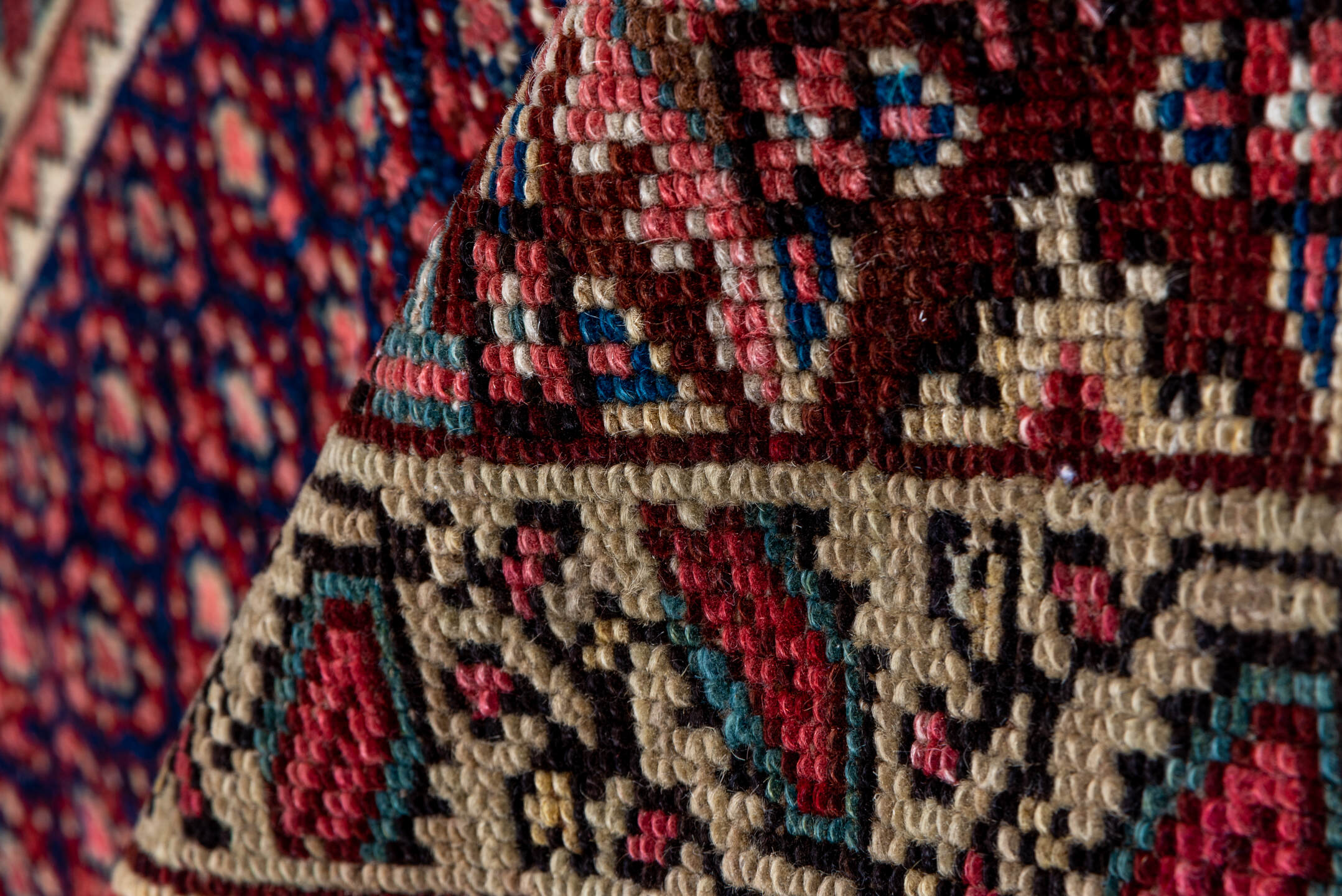 4' x 8' one-of-a-kind handmade vintage Malayer rug. Color palette: burgundy, ivory, navy, rust, rose, camel, slate, blue