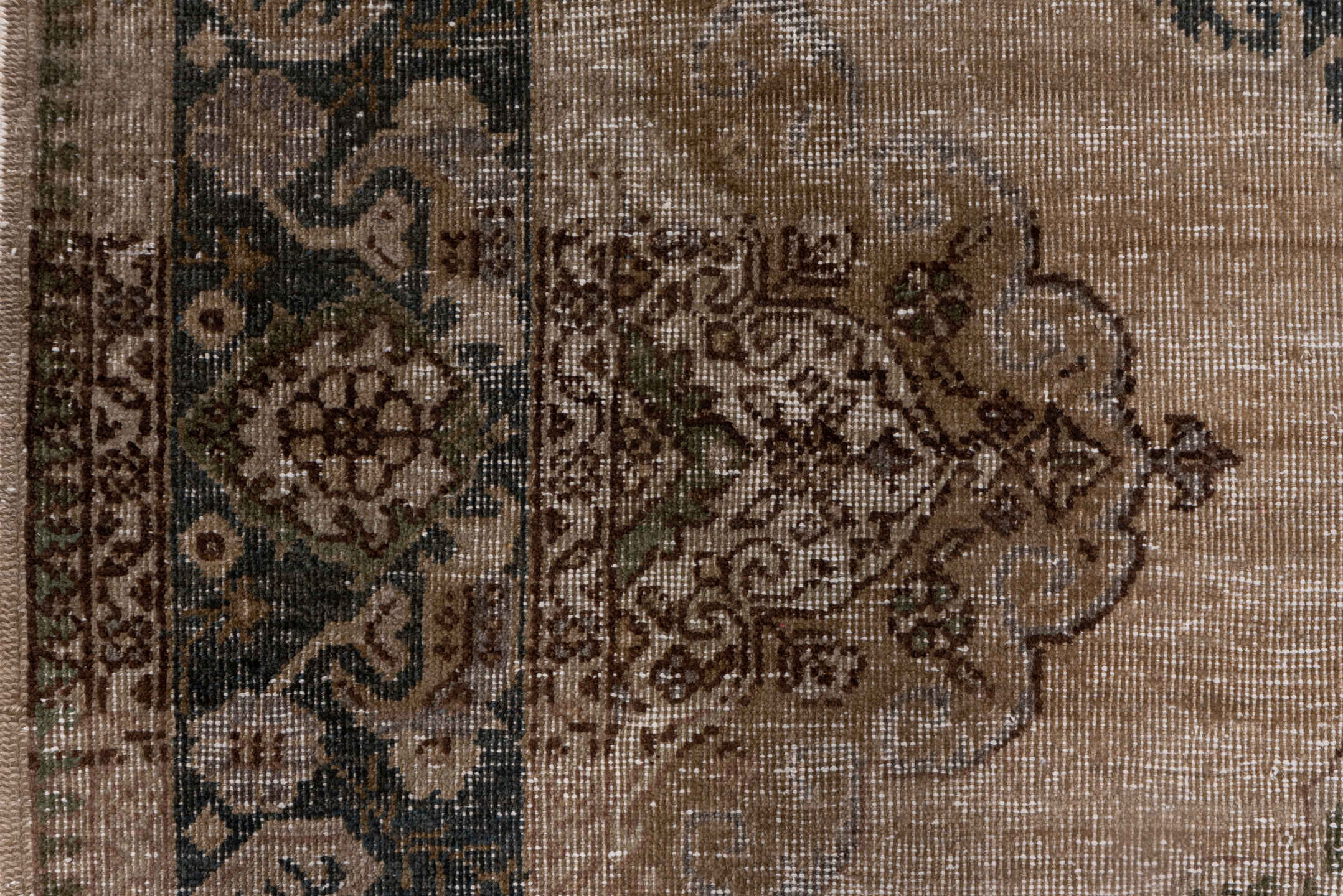 5' x 13' one-of-a-kind handmade vintage Oushak runner rug. Color palette: brown, gray, light gray, off-white, pink