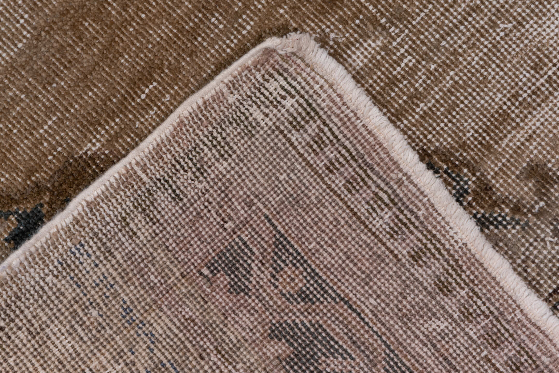 5' x 13' one-of-a-kind handmade vintage Oushak runner rug. Color palette: brown, gray, light gray, off-white, pink