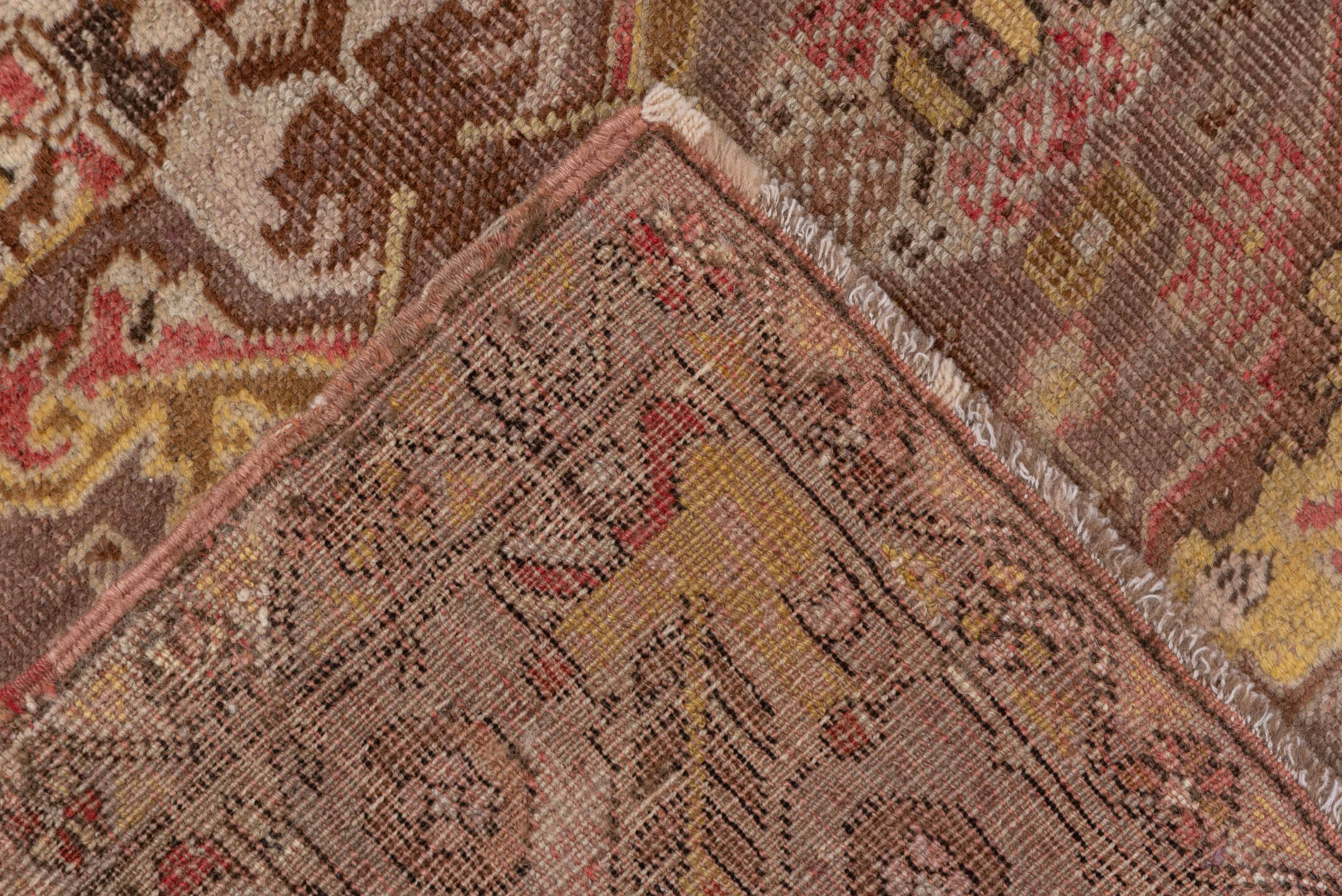4' x 6' one-of-a-kind handmade vintage Oushak small size rug. Color palette: brown, gray, light gray, off-white, pink, red