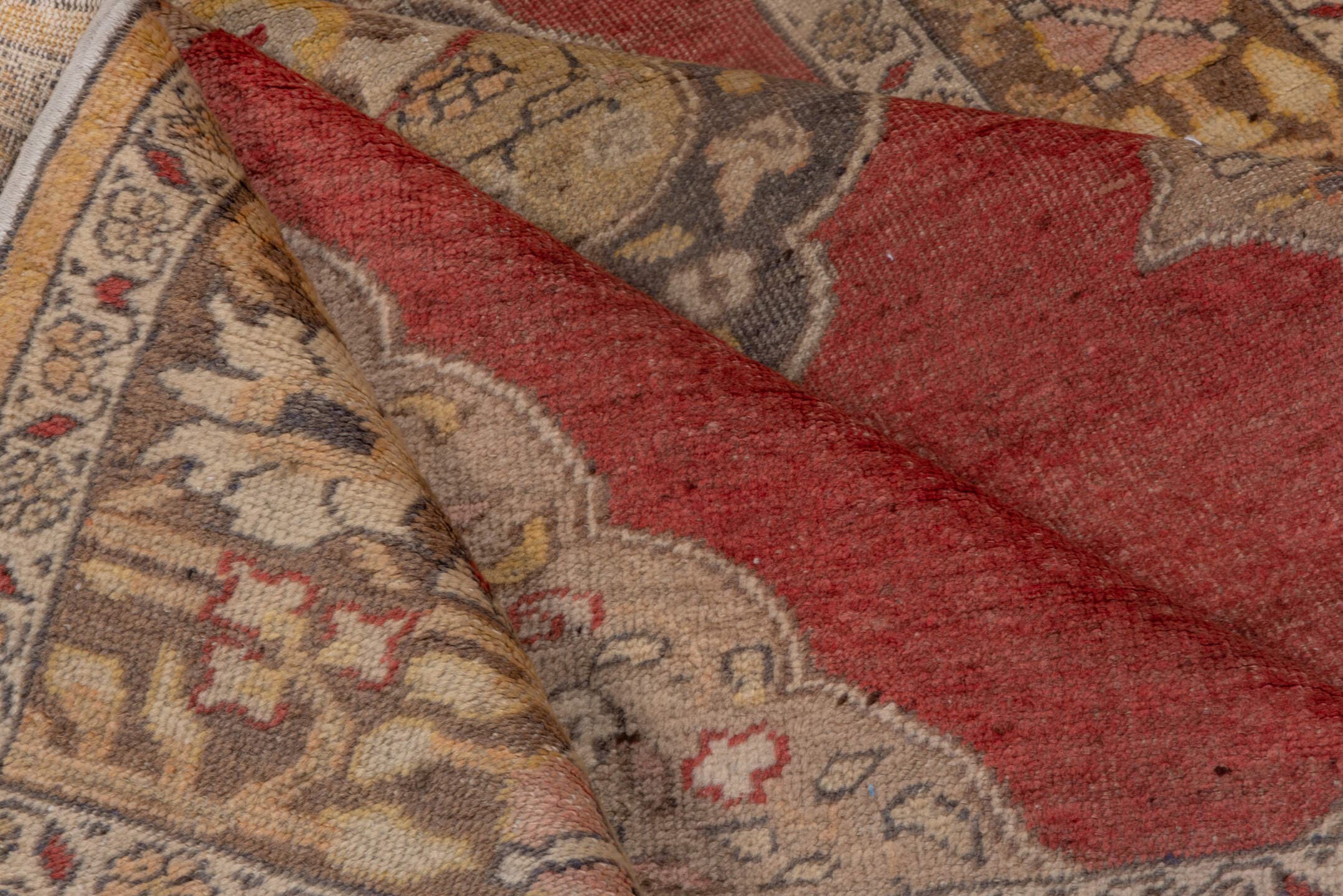 4' x 6' one-of-a-kind handmade vintage Oushak small size rug. Color palette: coral, taupe, ivory, gold, charcoal, camel