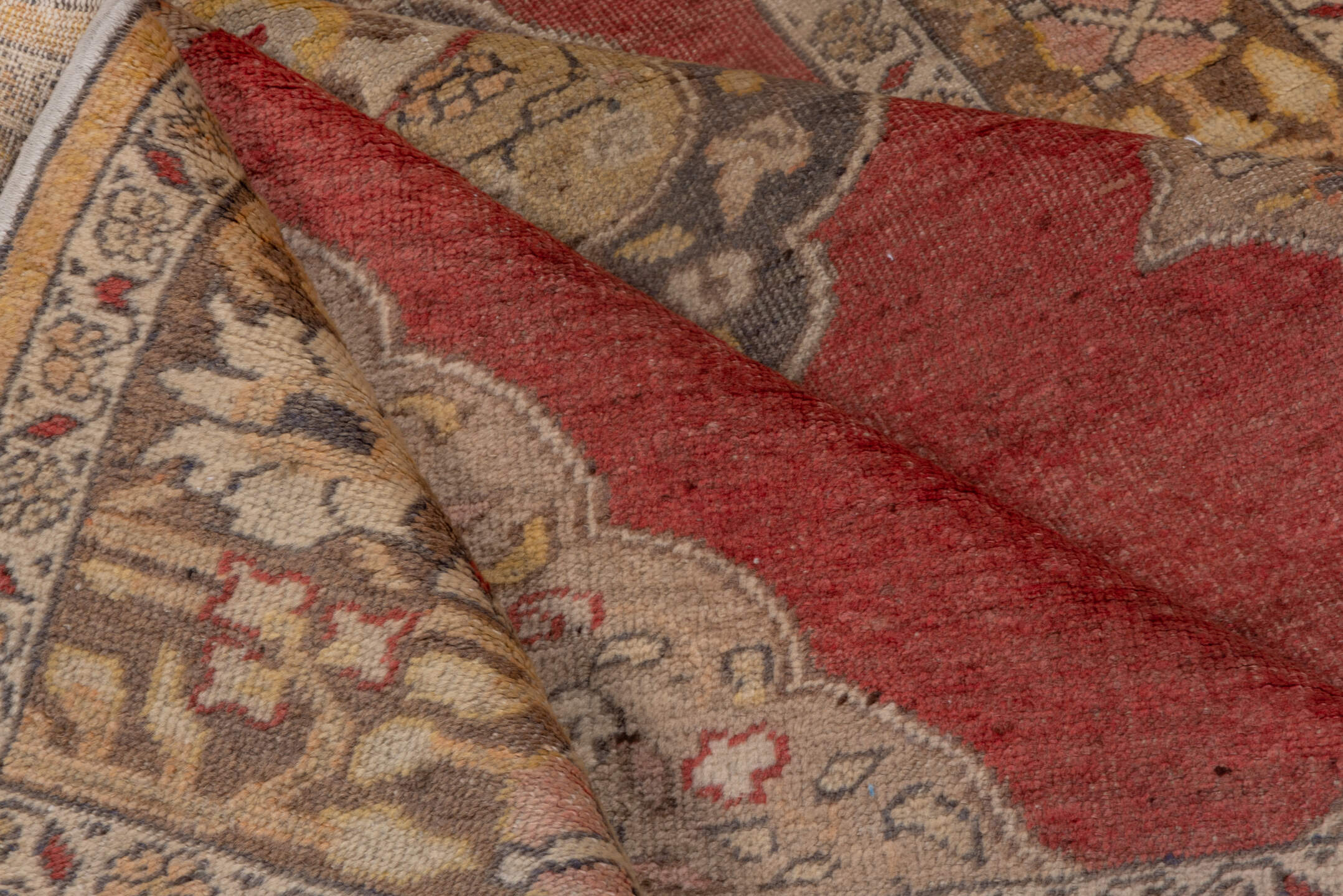 4' x 6' one-of-a-kind handmade vintage Oushak small size rug. Color palette: coral, taupe, ivory, gold, charcoal, camel