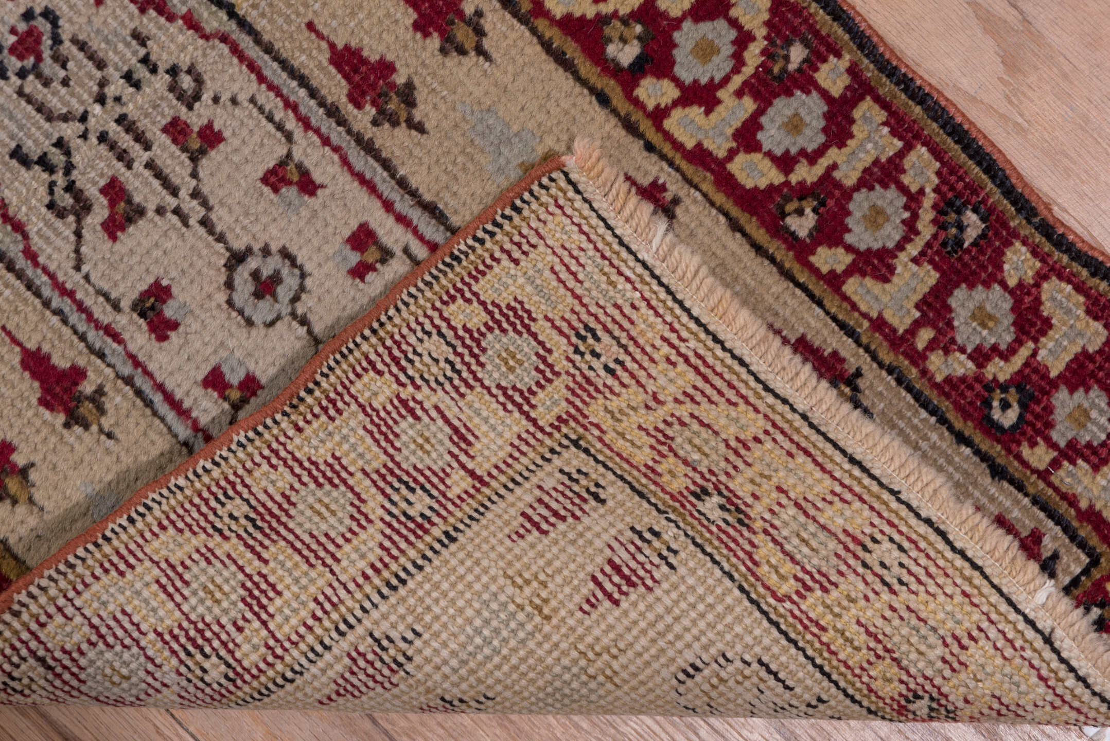 1' x 18' one-of-a-kind handmade vintage Oushak rug. Color palette: brown, gray, off-white, pink, red, redwood, snow, white