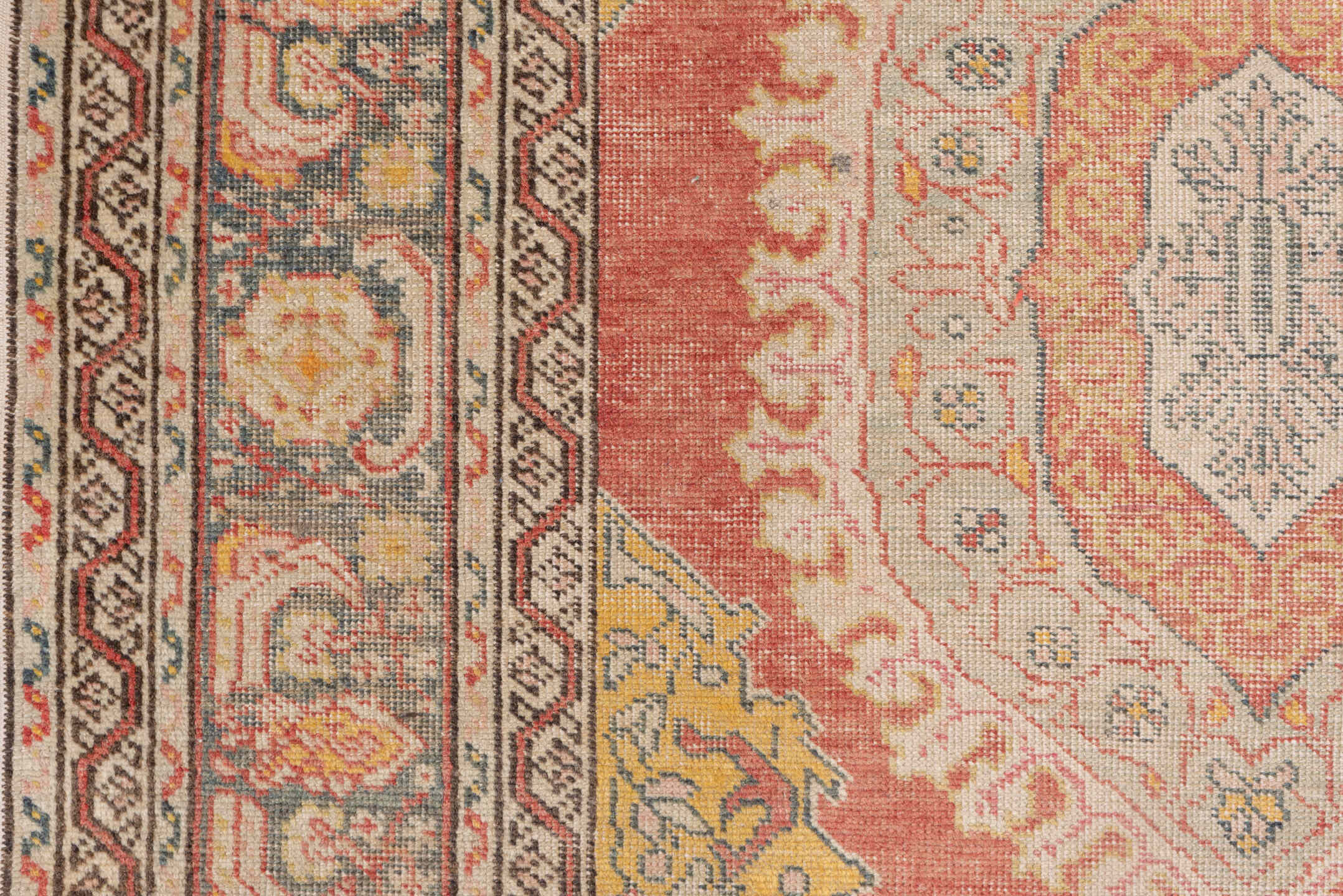 3' x 5' one-of-a-kind handmade vintage Oushak small size rug. Color palette: coral, gold, ivory, blue_gray, taupe, rose