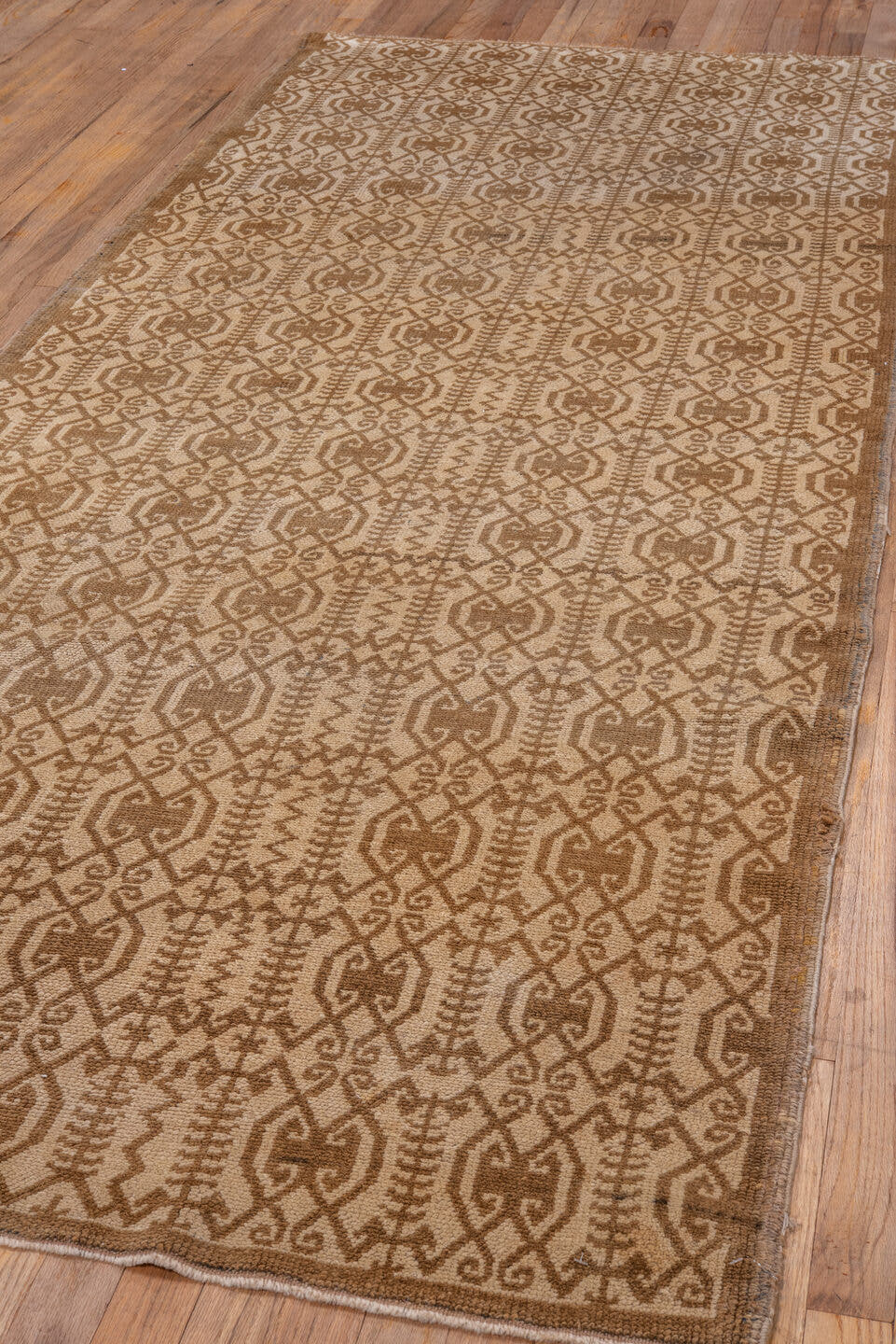 3' x 9' one-of-a-kind handmade vintage Oushak runner rug. Color palette: camel, beige, taupe, sand, gray