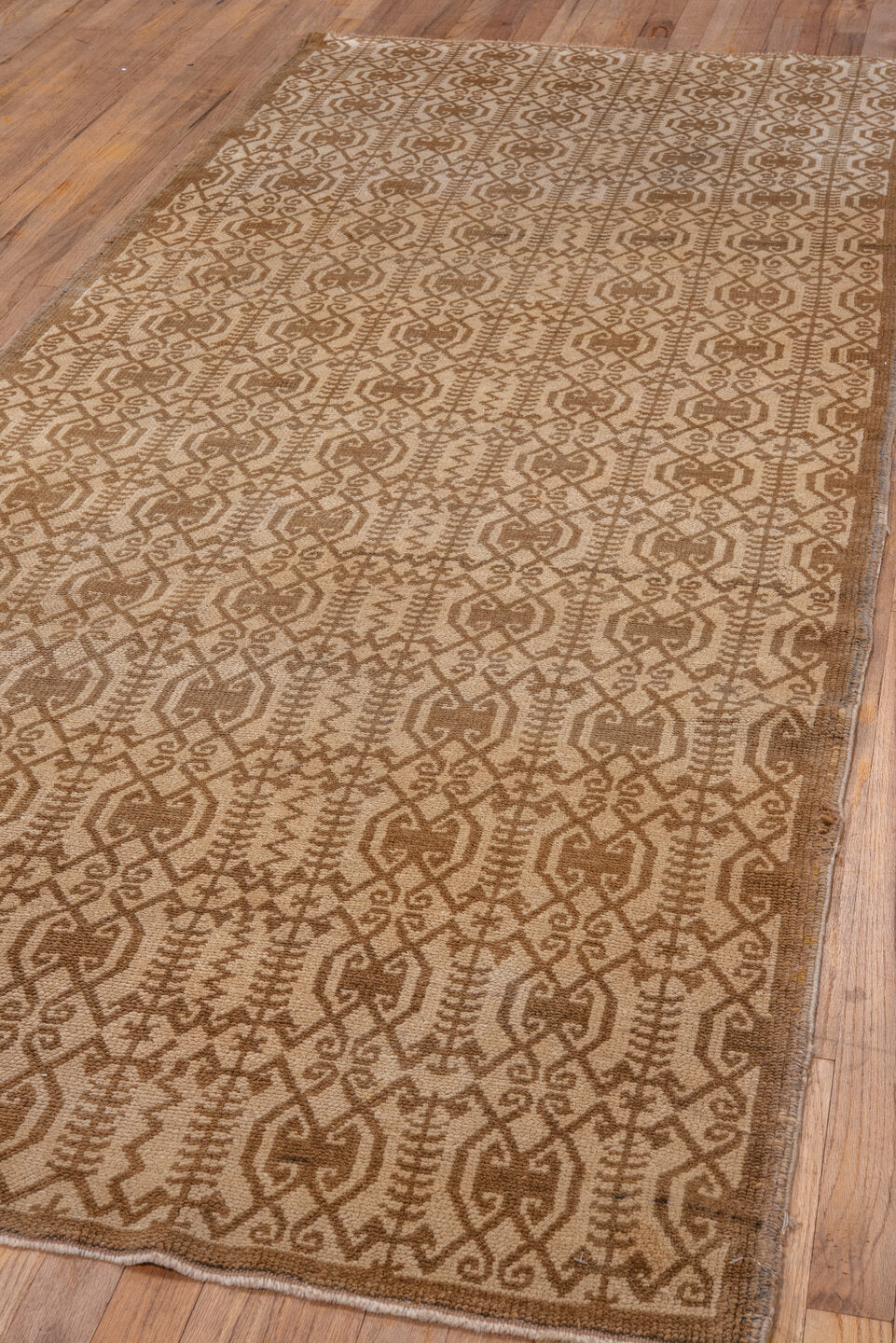 3' x 9' one-of-a-kind handmade vintage Oushak runner rug. Color palette: camel, beige, taupe, sand, gray