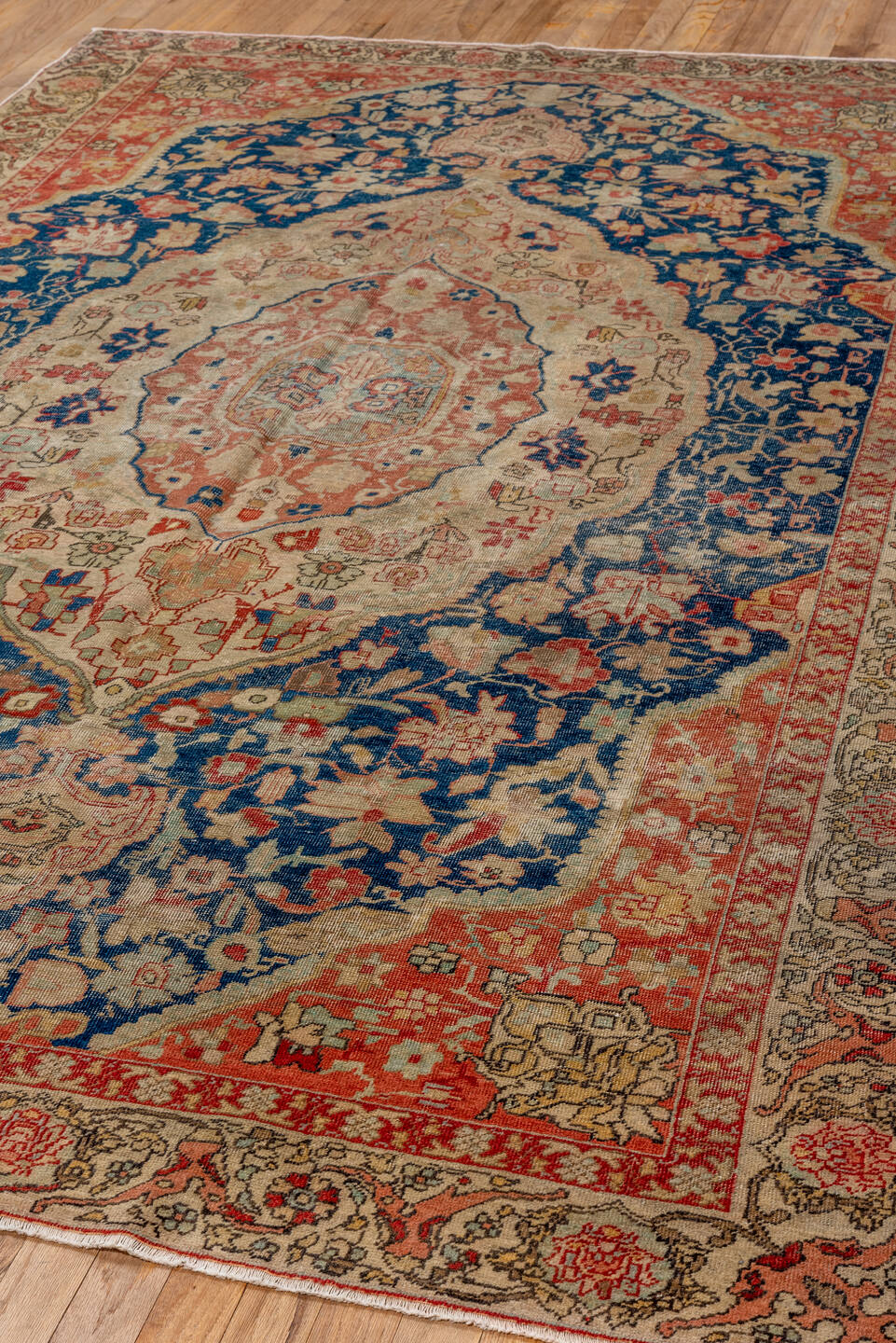 5' x 9' one-of-a-kind handmade vintage Oushak medium size rug. Color palette: ivory, navy, coral, beige, rose, gold, blue