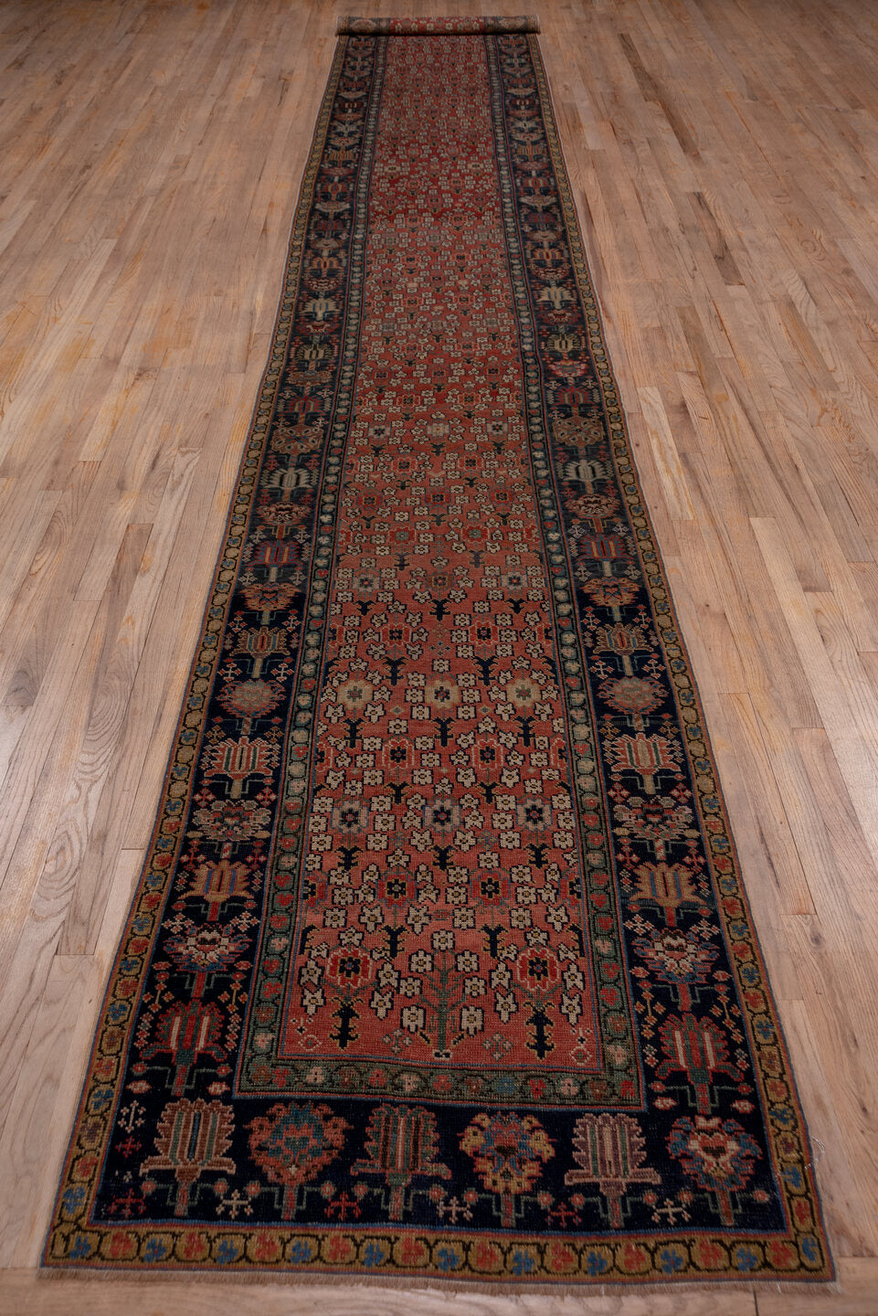 3' x 19' one-of-a-kind handmade vintage Shirvan runner rug. Color palette: rust, navy, ivory, camel, terracotta, charcoal