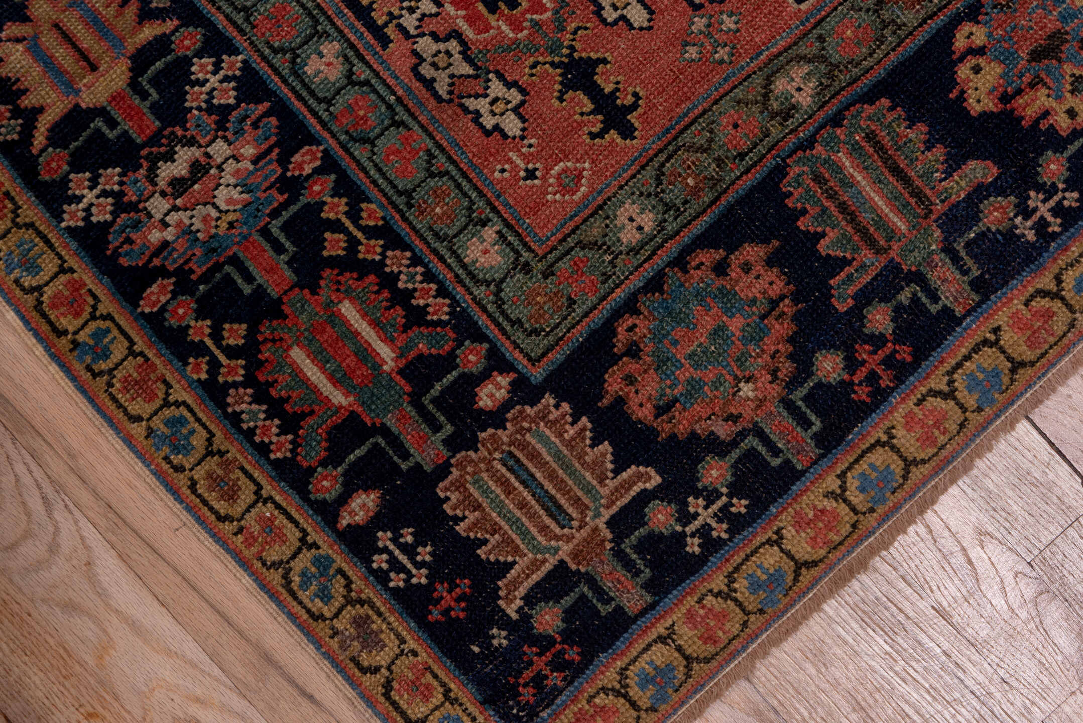 3' x 19' one-of-a-kind handmade vintage Shirvan runner rug. Color palette: rust, navy, ivory, camel, terracotta, charcoal