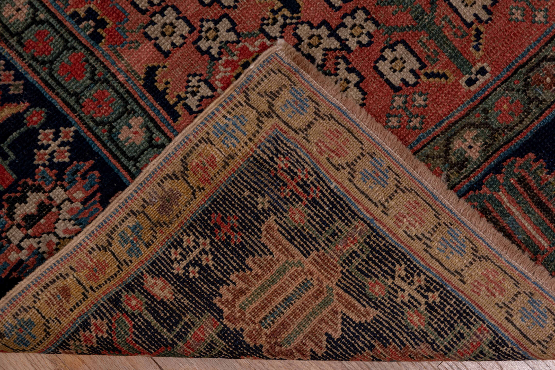 3' x 19' one-of-a-kind handmade vintage Shirvan runner rug. Color palette: rust, navy, ivory, camel, terracotta, charcoal