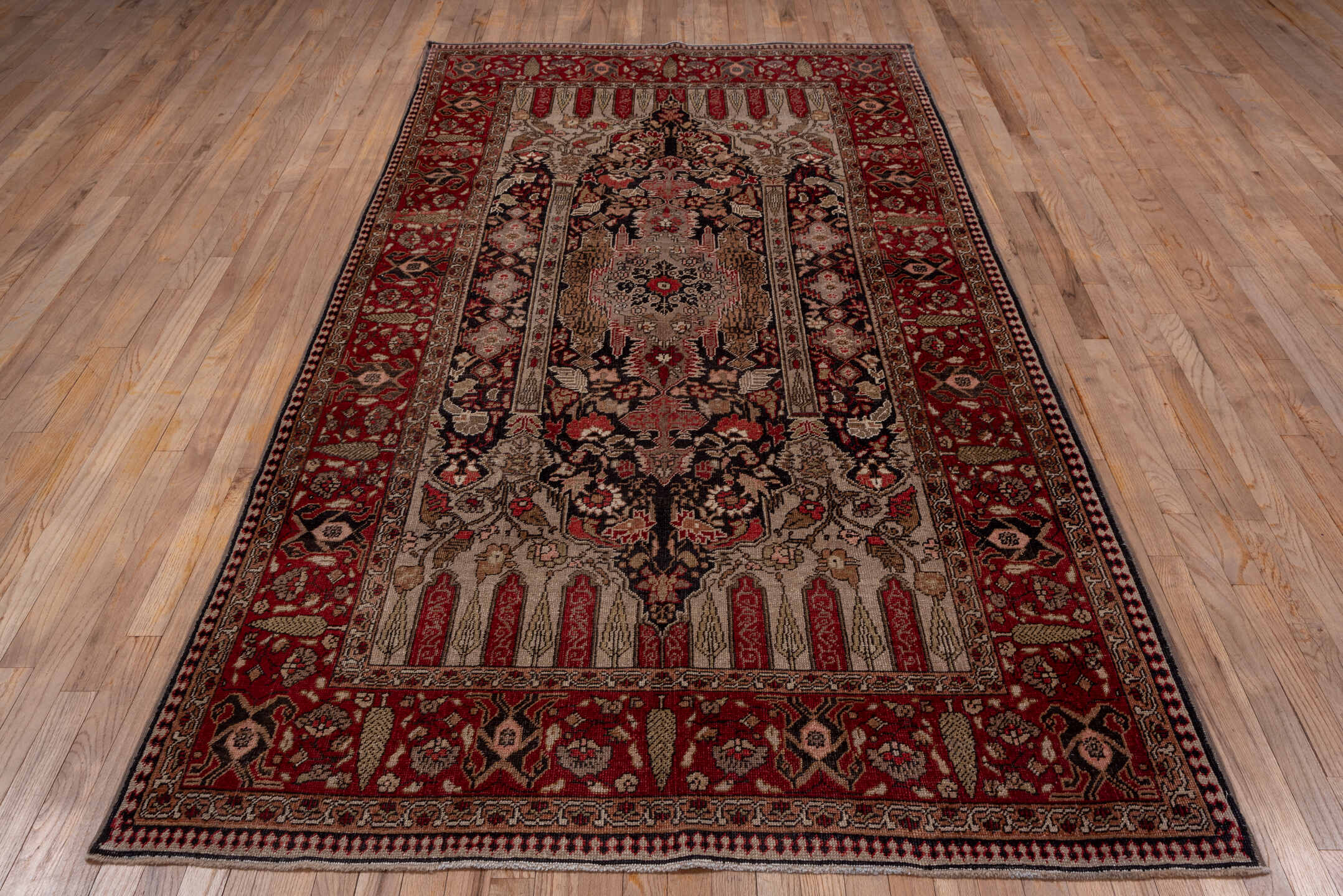 5' x 10' one-of-a-kind handmade vintage Oushak medium size rug. Color palette: red, ivory, charcoal, taupe, rose, burgundy