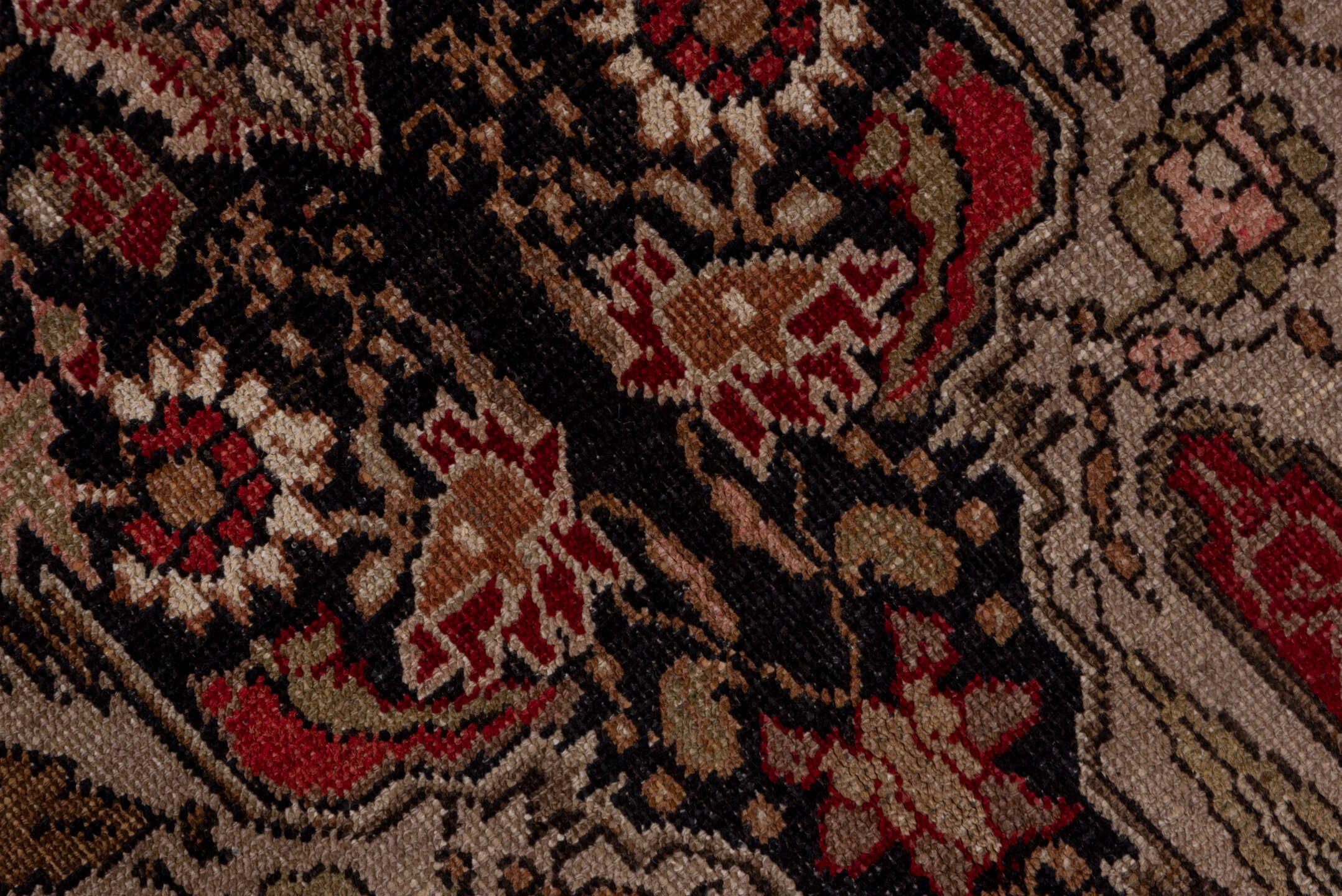 5' x 10' one-of-a-kind handmade vintage Oushak medium size rug. Color palette: black, brown, gray, pink, red, redwood