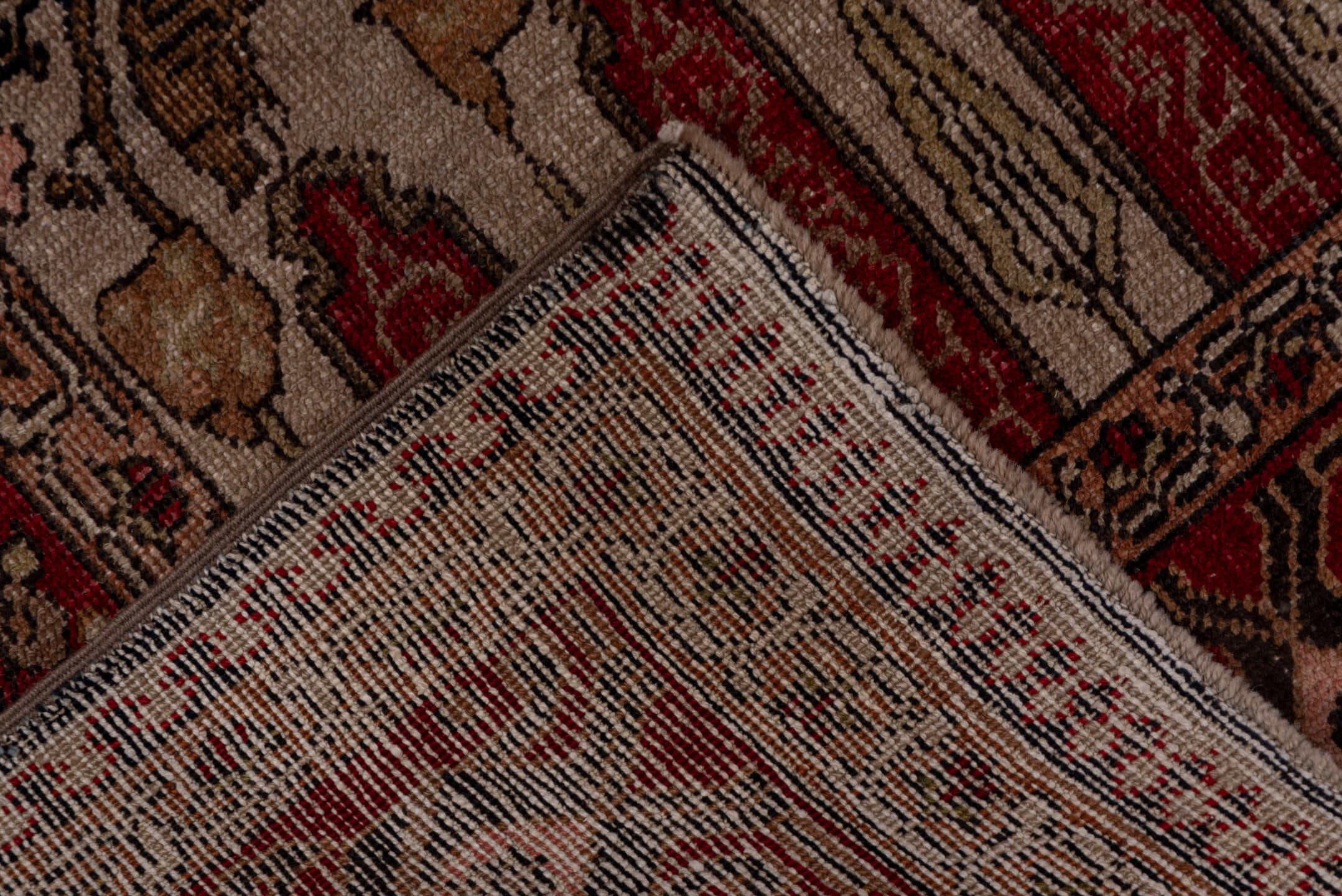 5' x 10' one-of-a-kind handmade vintage Oushak medium size rug. Color palette: red, ivory, charcoal, taupe, rose, burgundy