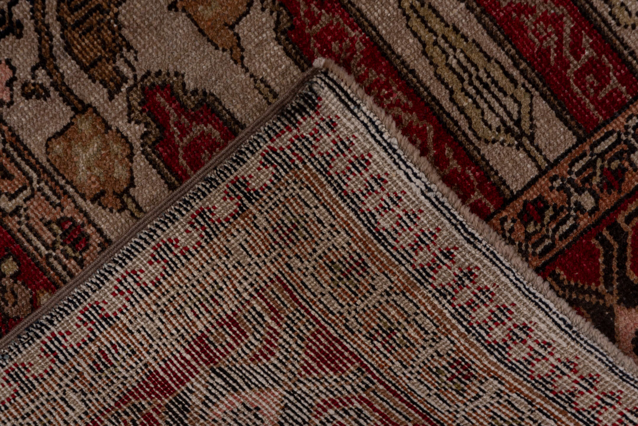 5' x 10' one-of-a-kind handmade vintage Oushak medium size rug. Color palette: red, ivory, charcoal, taupe, rose, burgundy