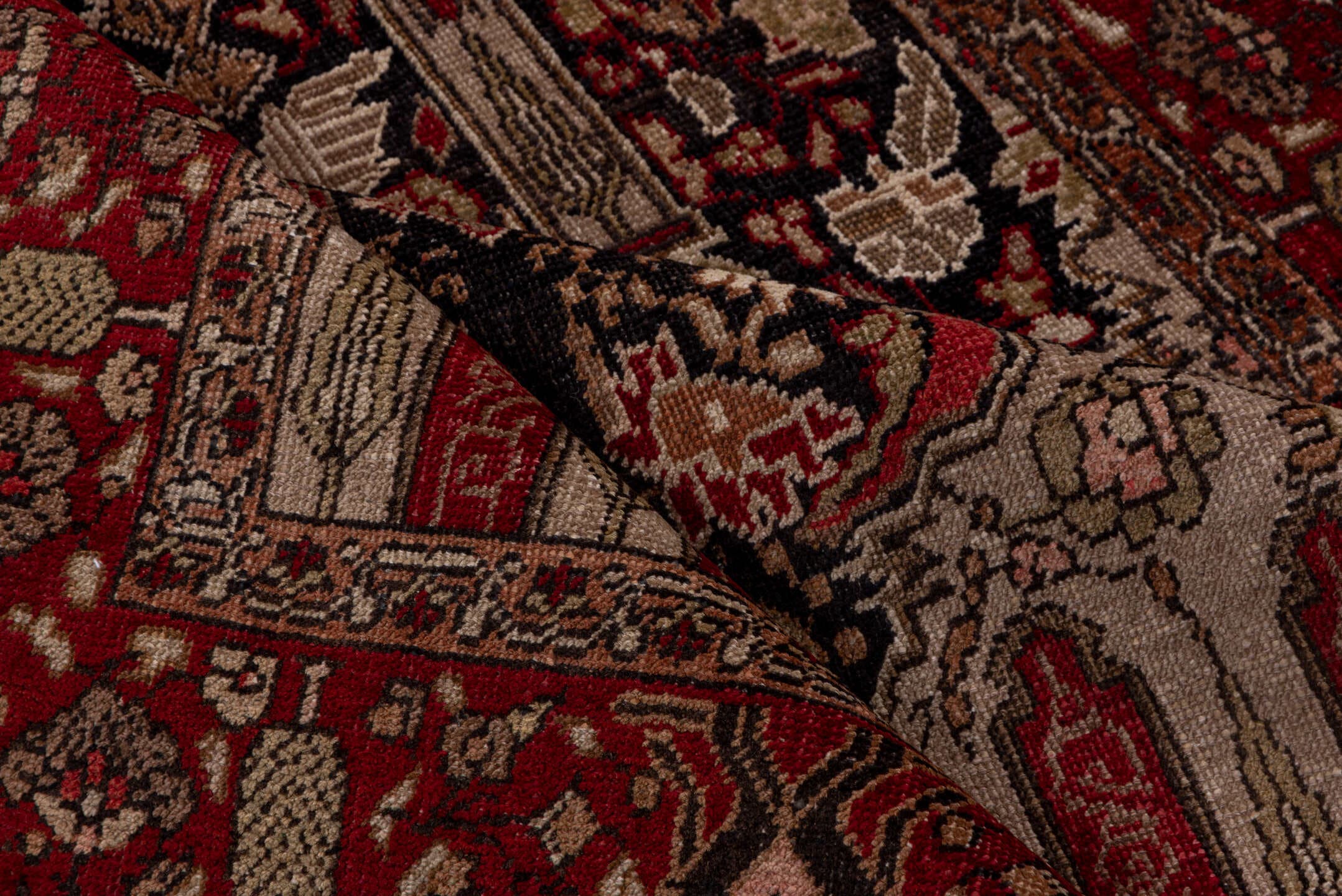 5' x 10' one-of-a-kind handmade vintage Oushak medium size rug. Color palette: red, ivory, charcoal, taupe, rose, burgundy
