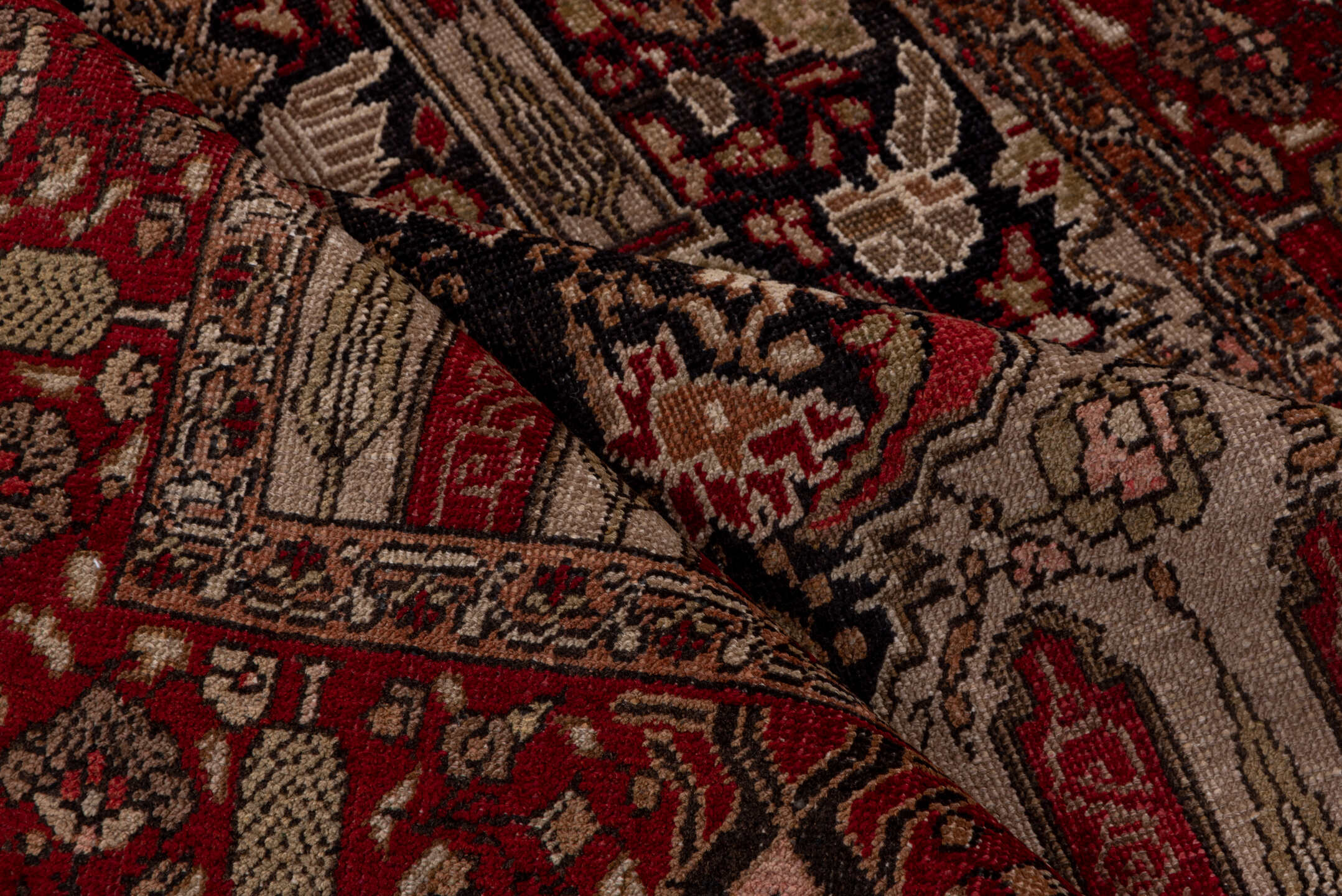 5' x 10' one-of-a-kind handmade vintage Oushak medium size rug. Color palette: red, ivory, charcoal, taupe, rose, burgundy