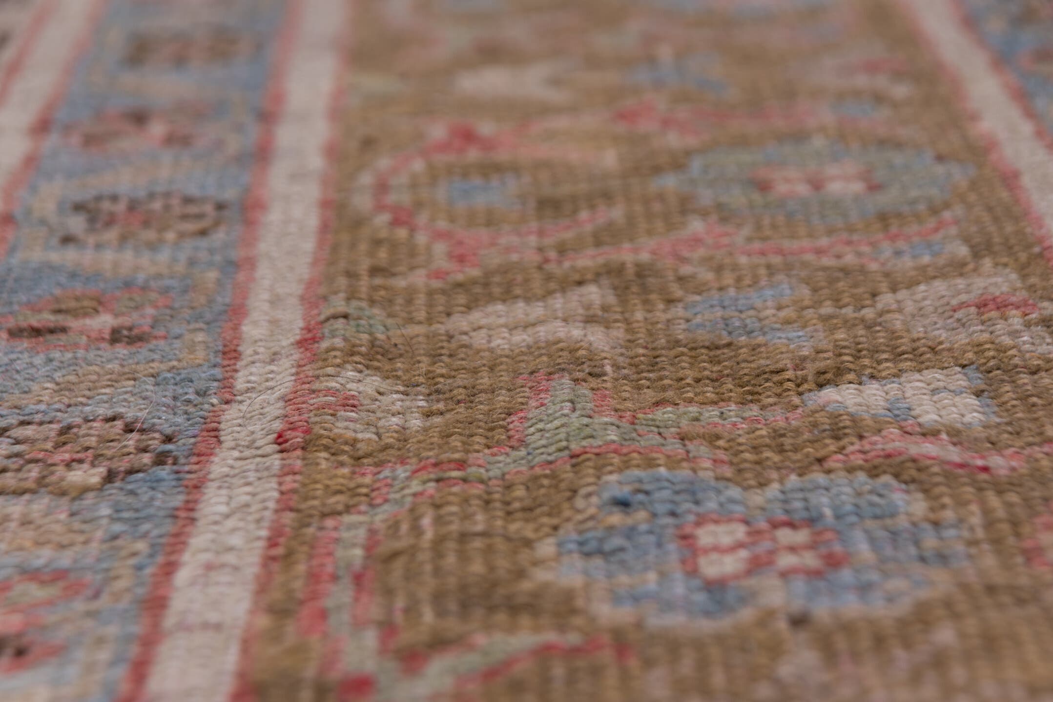 7' x 11' one-of-a-kind handmade vintage Oushak large size rug. Color palette: rose, powder_blue, taupe, ivory, dusty_blue