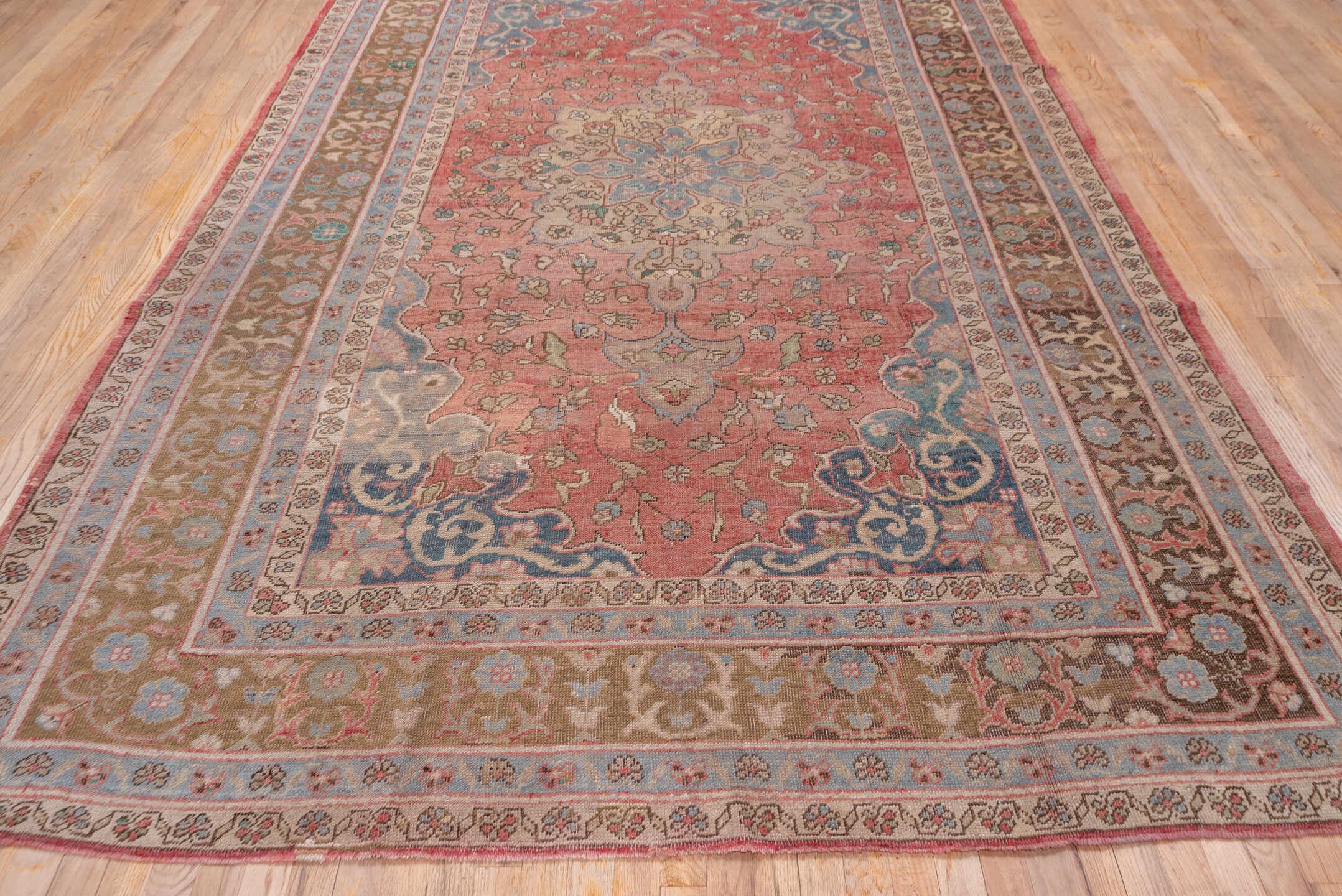 7' x 11' one-of-a-kind handmade vintage Oushak large size rug. Color palette: rose, powder_blue, taupe, ivory, dusty_blue