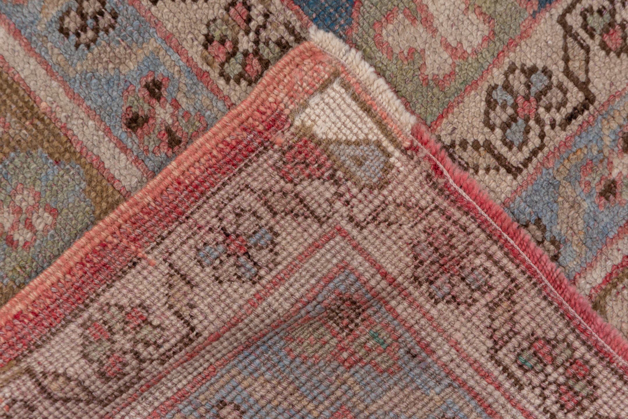 7' x 11' one-of-a-kind handmade vintage Oushak large size rug. Color palette: rose, powder_blue, taupe, ivory, dusty_blue